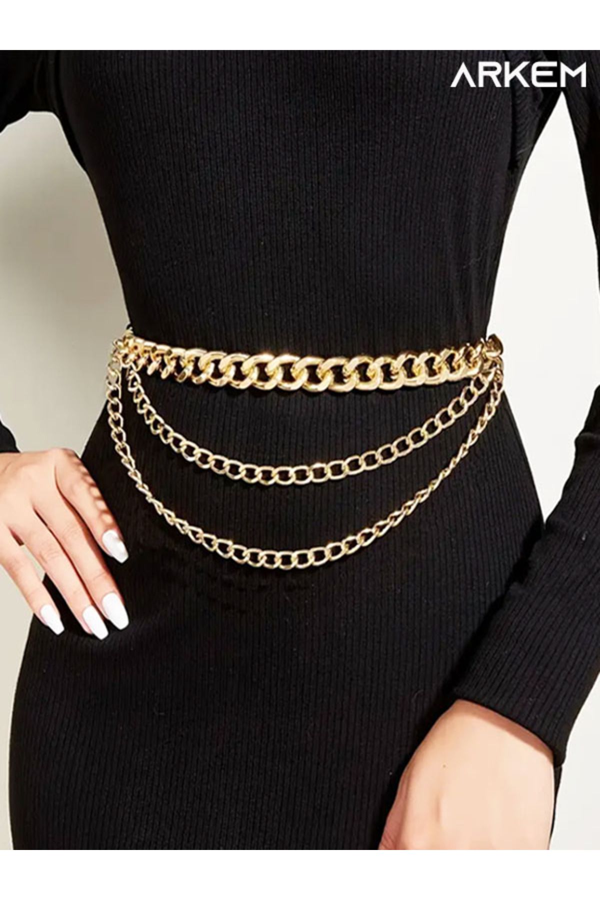 ARKEM CLUB-Elastic Waist Belt with 3-Layer Gold Chain for Women Women's Belt Gold Chain Accessory 1