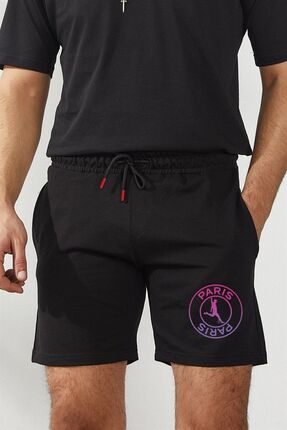 Relax family xf Erkek Siyah Slim Fit Yazlık Penye Baskılı Şort