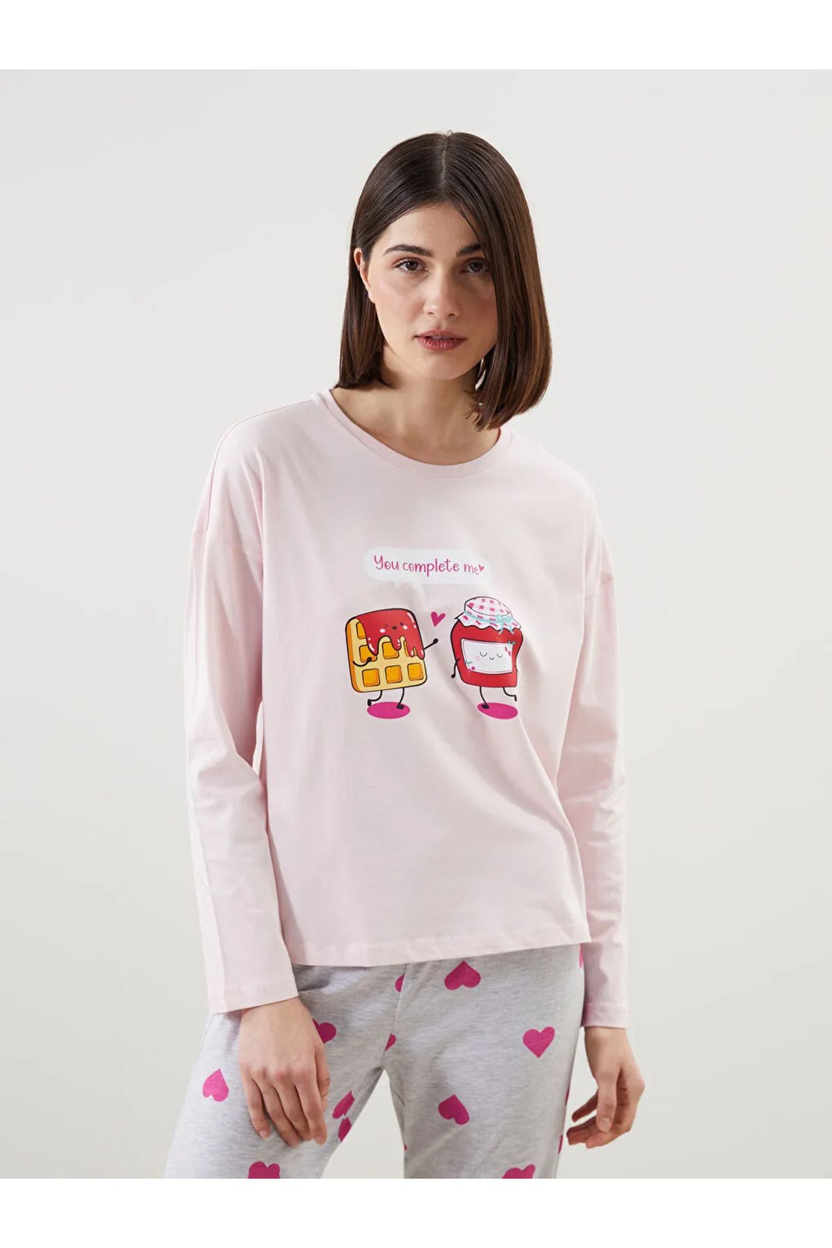 LC Waikiki-Lcw Young Gray Crew Neck Printed Women's Pajamas Set 2