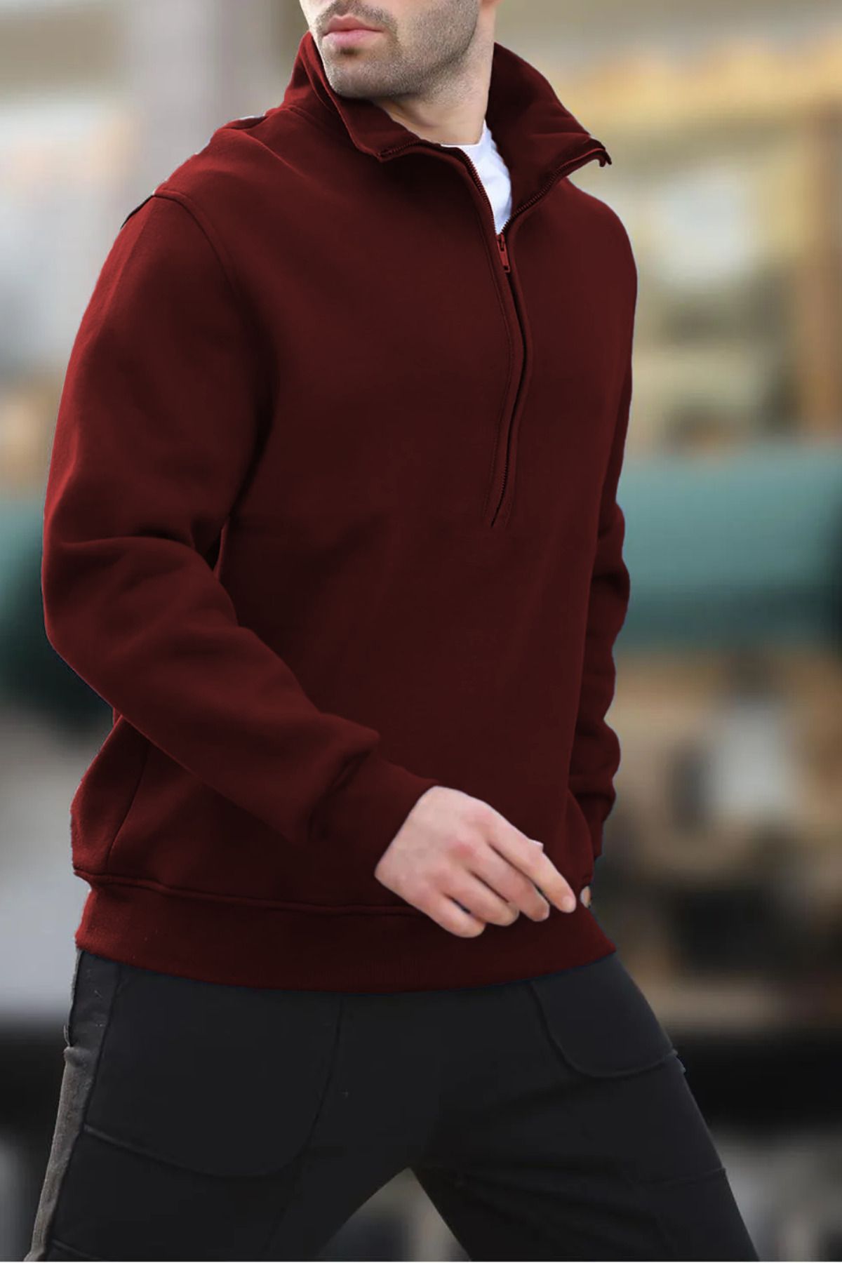 ruNadeS-Burgundy Half Zippered Stand Collar Sweatshirt with Fleece Inside Winter Unisex 3 Thread 3