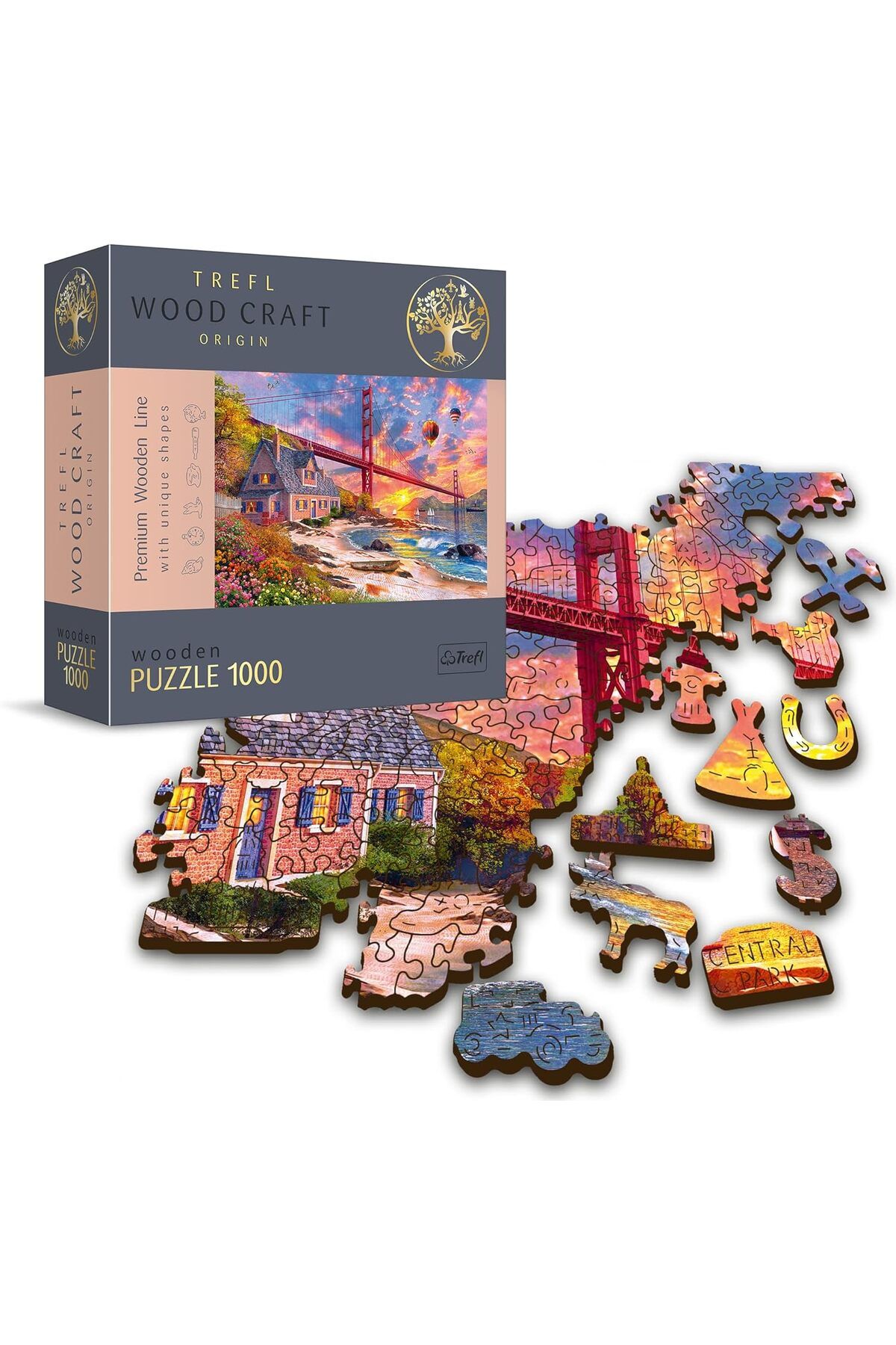 STOREMAX htpshopmx - Ahşap Puzzle, Golden Gate Üzerinde Gün Batımı - 1000 Parça, Ahşap El İşi, Düze