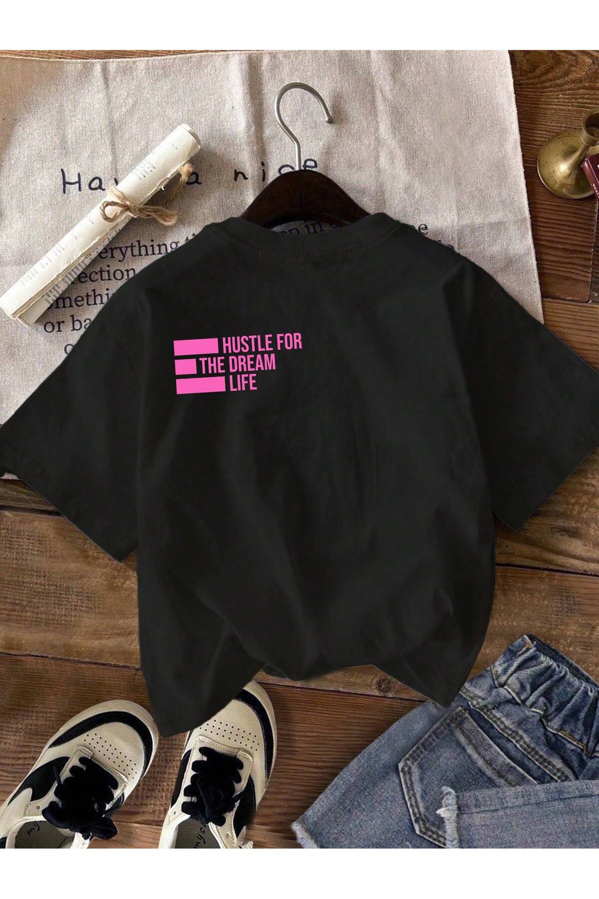 MODARİCH  3'lü Ok Star Dream T-shirt - Beyaz Pembe Siyah Oversize Baskılı Bisiklet Yaka Baskılı Kısa Kol Bol - Görsel 3