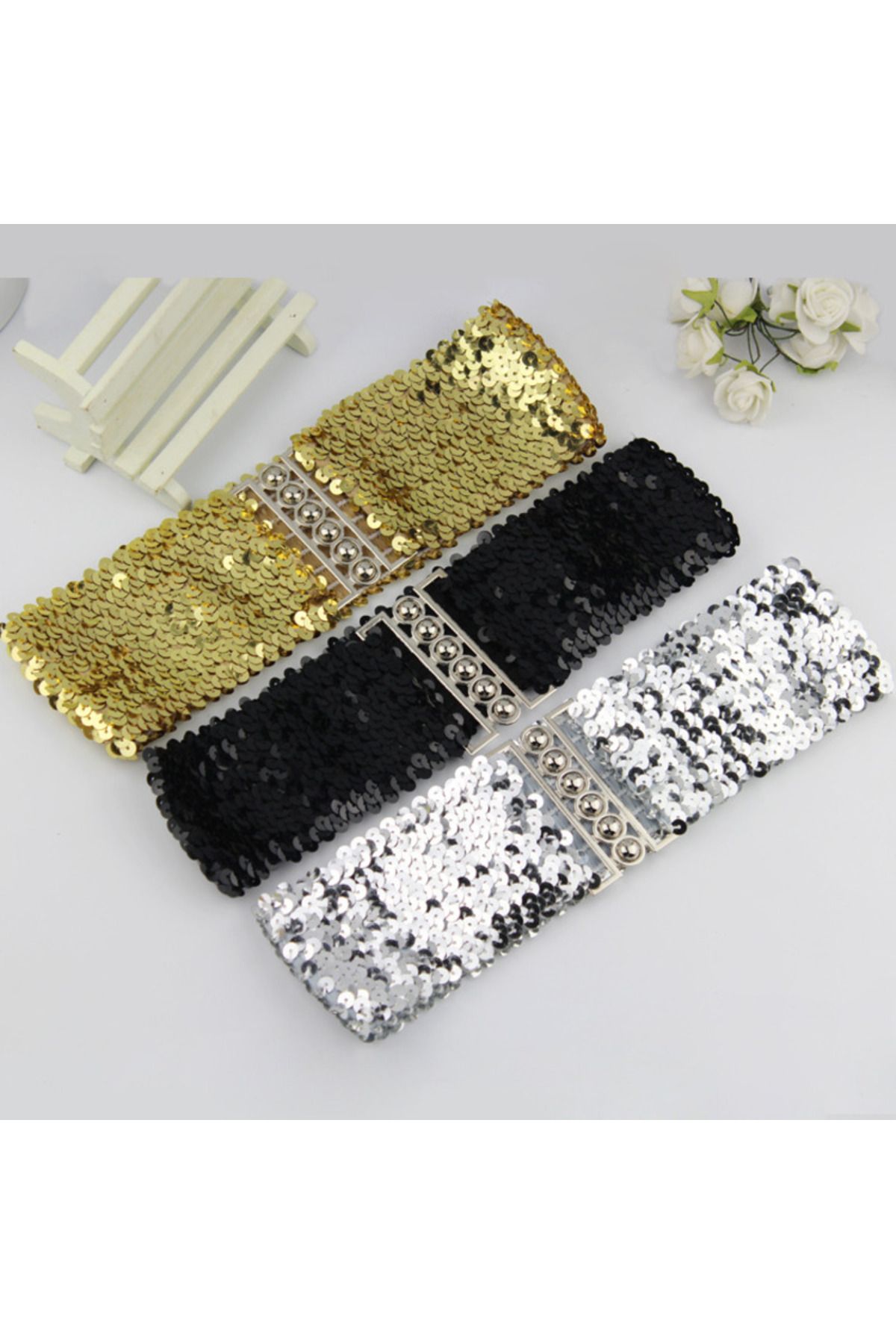 Choice-Gold Silver Color Belt Cool Punk Sparkling Sequins Elastic Stretch Wide Waistband Women Dress Wai... 2