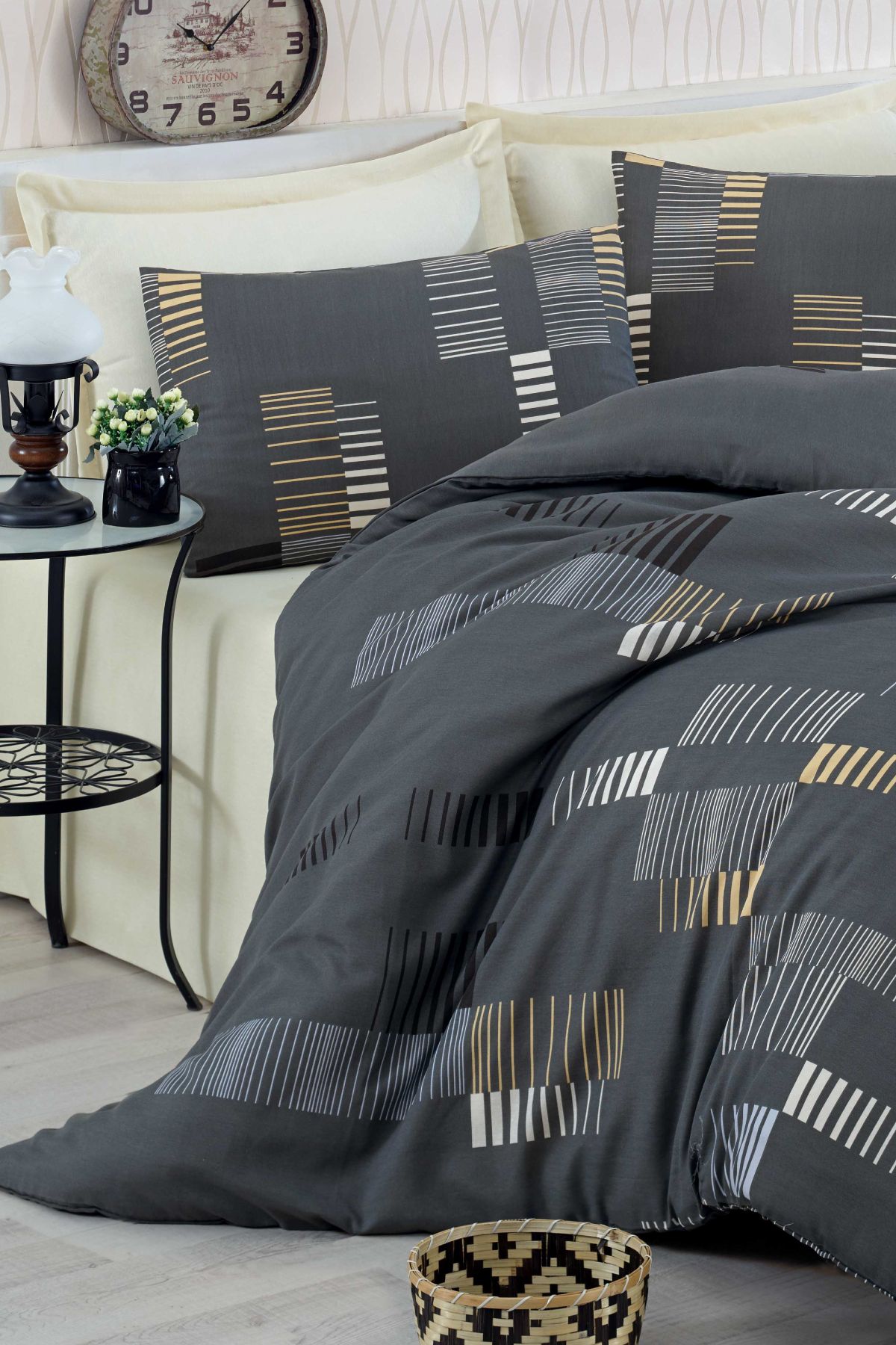 Eponj Home-Διπλό Σετ Παπλωματοθήκης Easy-Iron Trace Anthracite 3