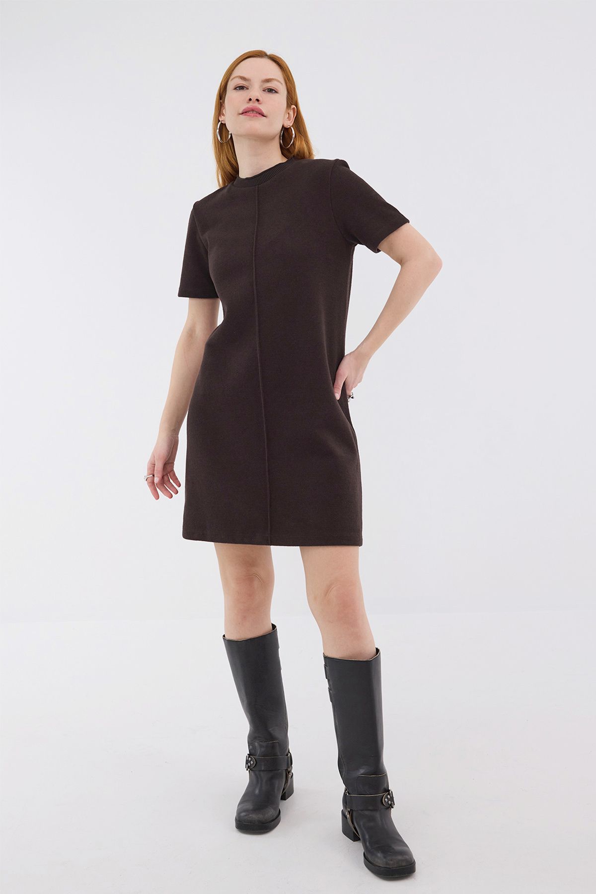 Addax-Rochie mini cu textura moale cu cusătură în față E90810-İ6 4