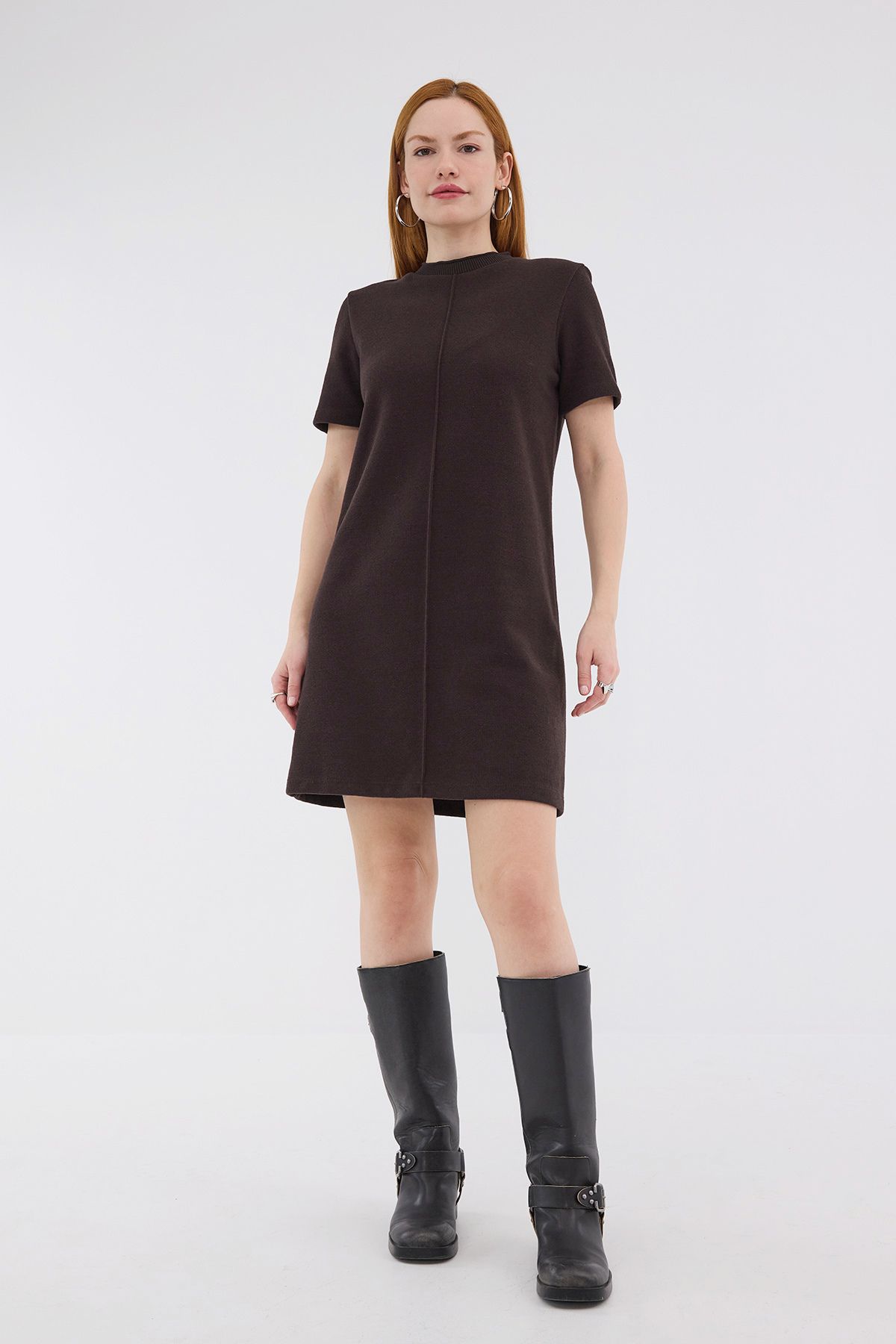 Addax-Rochie mini cu textura moale cu cusătură în față E90810-İ6 6