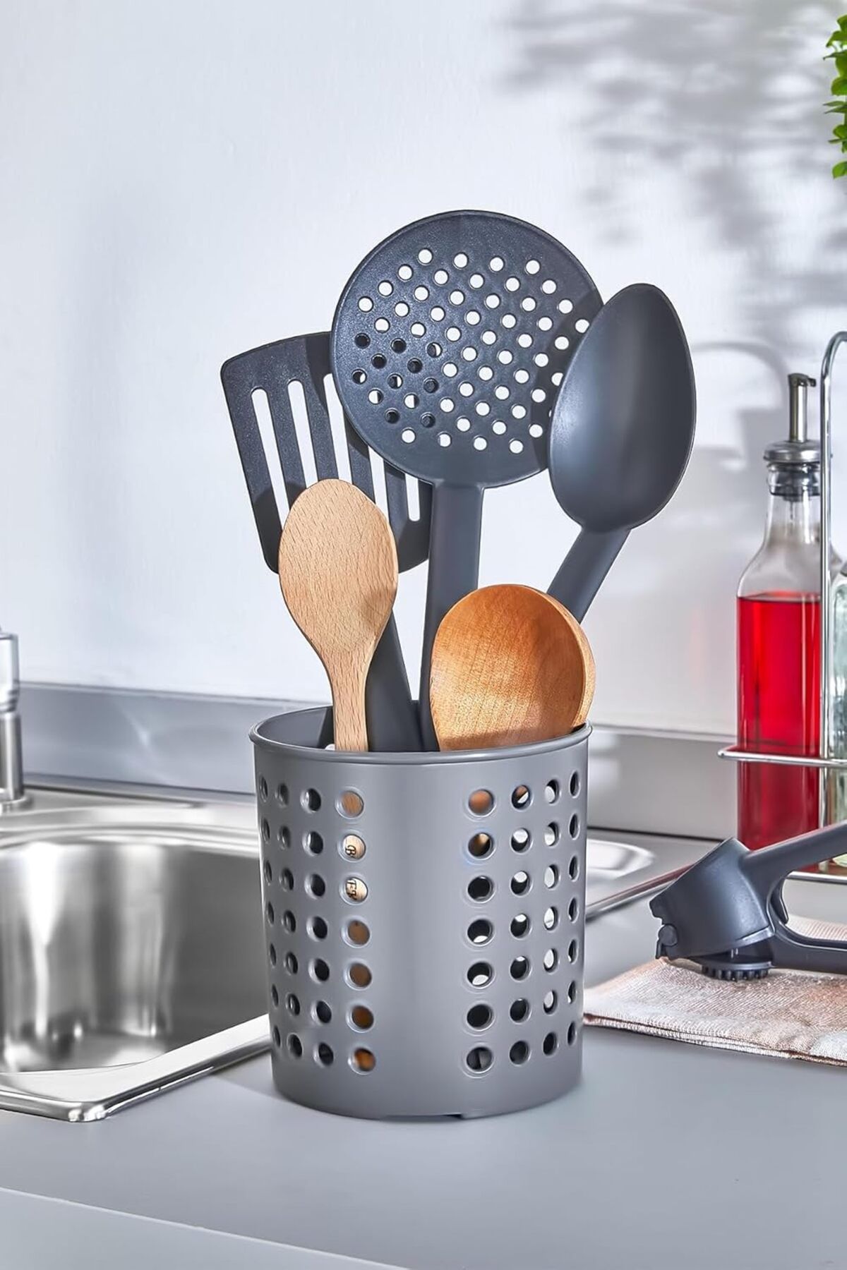 STOREMAX lbstorex Silindir Kaşıklık Tezgah Üstü Servis Standı, Delikli Plastik Kaşıklık Siyah Newdsn