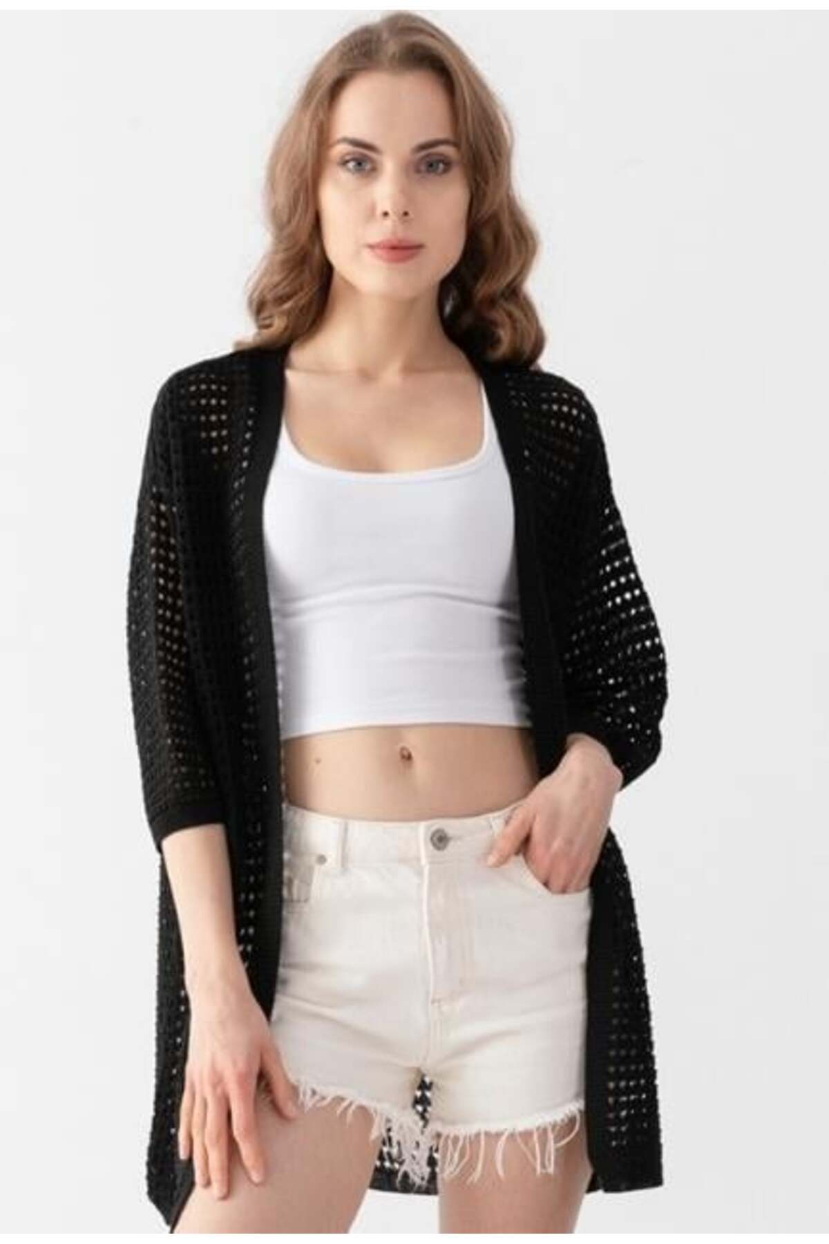 Irmak Kerekli  Kadın Delikli Triko Uzun Hırka 91136 Siyah - Görsel 4