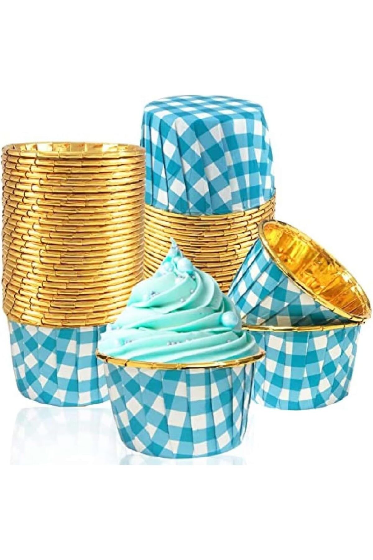 STOREMAX dlshop Hediye Sepeti 25'li Mavi Gold Ekoseli Mavi Pötikare Muffin Kek Kalıbı, Kek Kapsülü Cupca