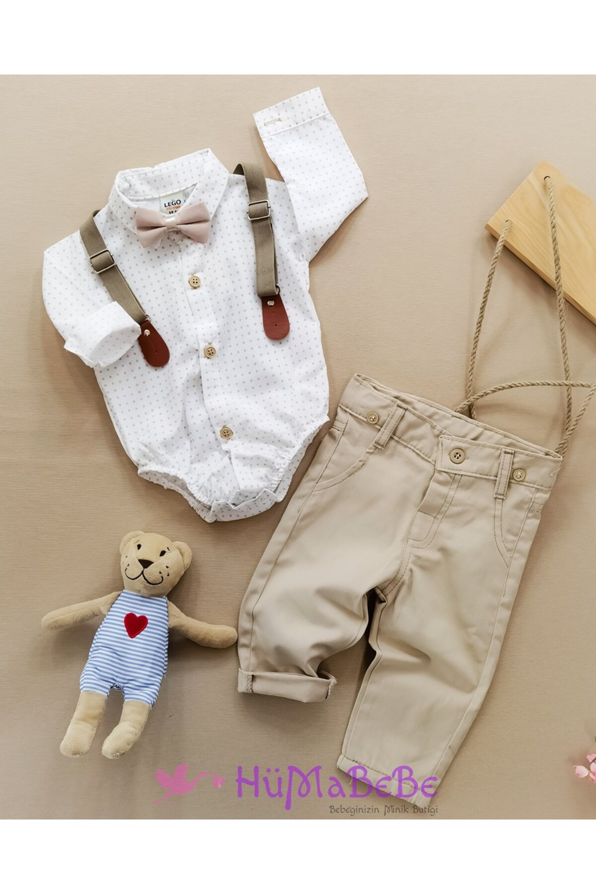 hümabebe Polka Dot Bodysuit Shirt Style Waist Adjustable Linen Pants Holiday Outfit 4 Piece Set