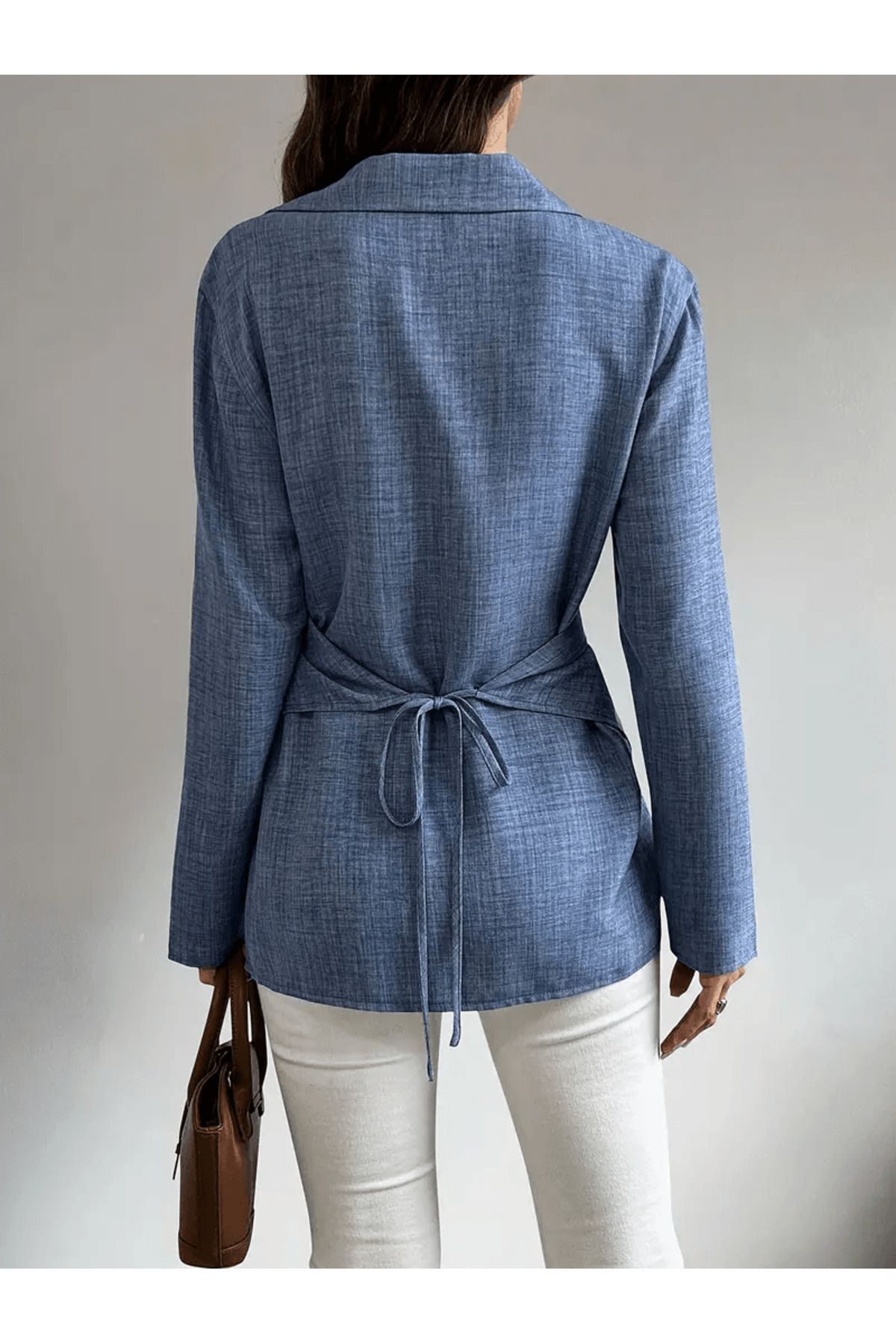 Moda Monisa-Sofia Linen Shirt |   Front Button, Cross Tie Back, Blue 6