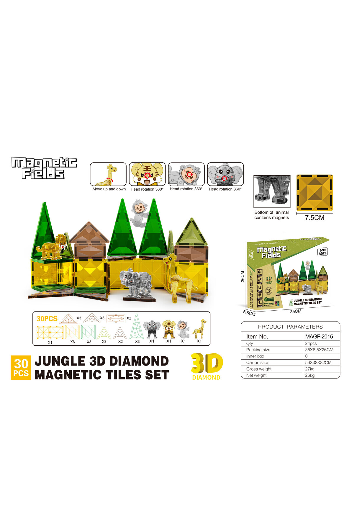 مجموعه کاشی‌های مغناطیسی الماسه جنگل سه‌بعدی – ۳۰ تکه