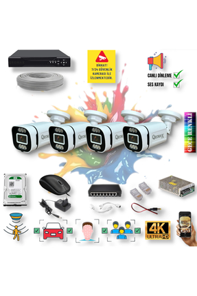 qromax 4 Kameralı Yapay Zekalı Gece Renkli ve Sesli 6 Warm Ledli 4K FULLHD IP...