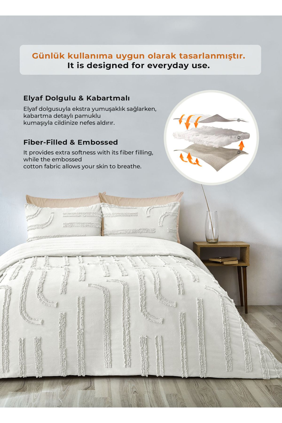 Evlen Home Collection-Sasha Cotton Embossed Bed Set - Single, 2 Pieces Filled, Cream Off White 4