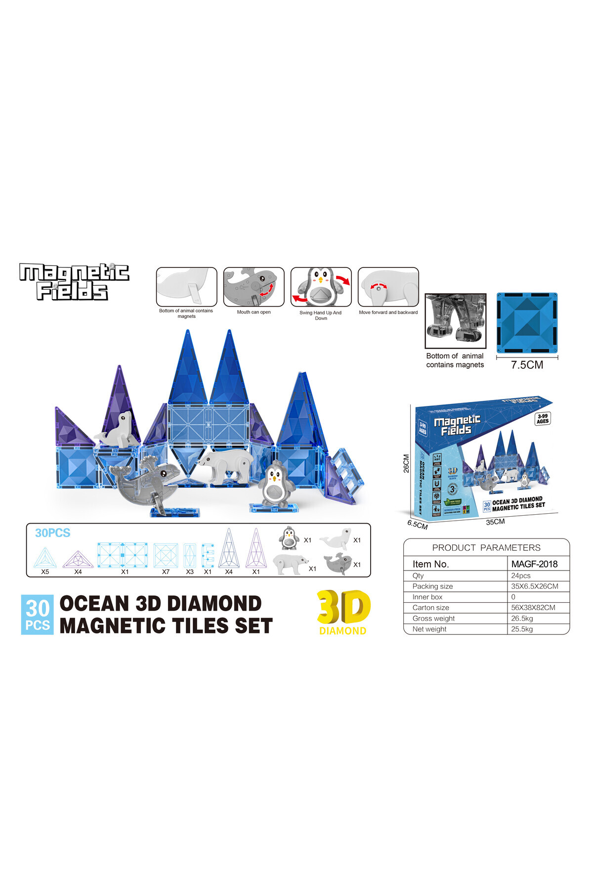 مجموعه کاشی‌های مغناطیسی الماس ۳ بعدی اقیانوس – ۳۰ عددی