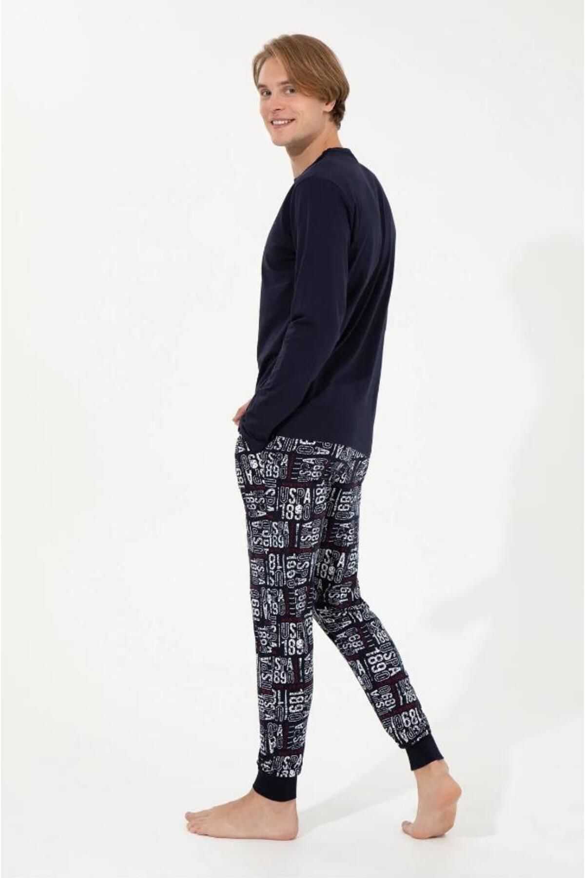 ست پیژامه آبی مردانه لباس خواب آستین بلند یقه گرد Polo Assn 18634 U.S. Polo Assn.
