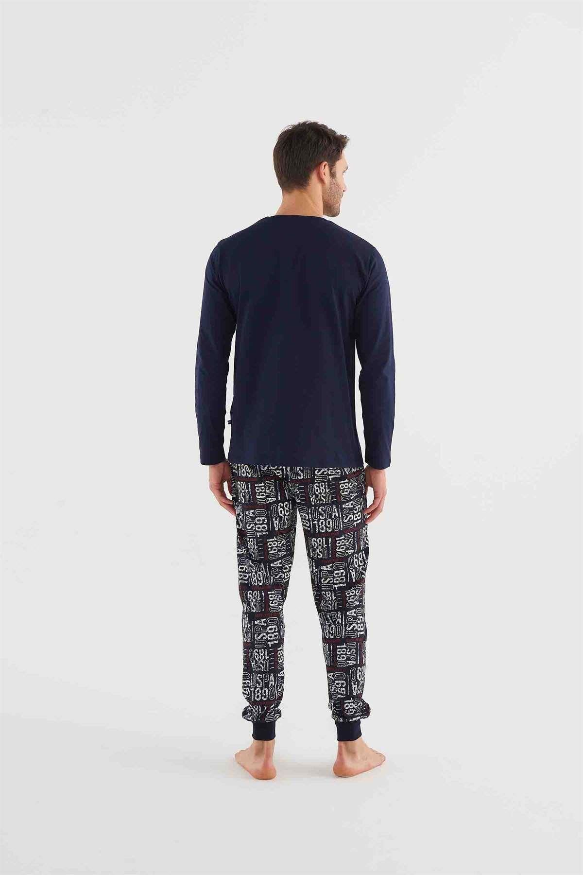 ست پیژامه آبی مردانه لباس خواب آستین بلند یقه گرد Polo Assn 18634 U.S. Polo Assn.