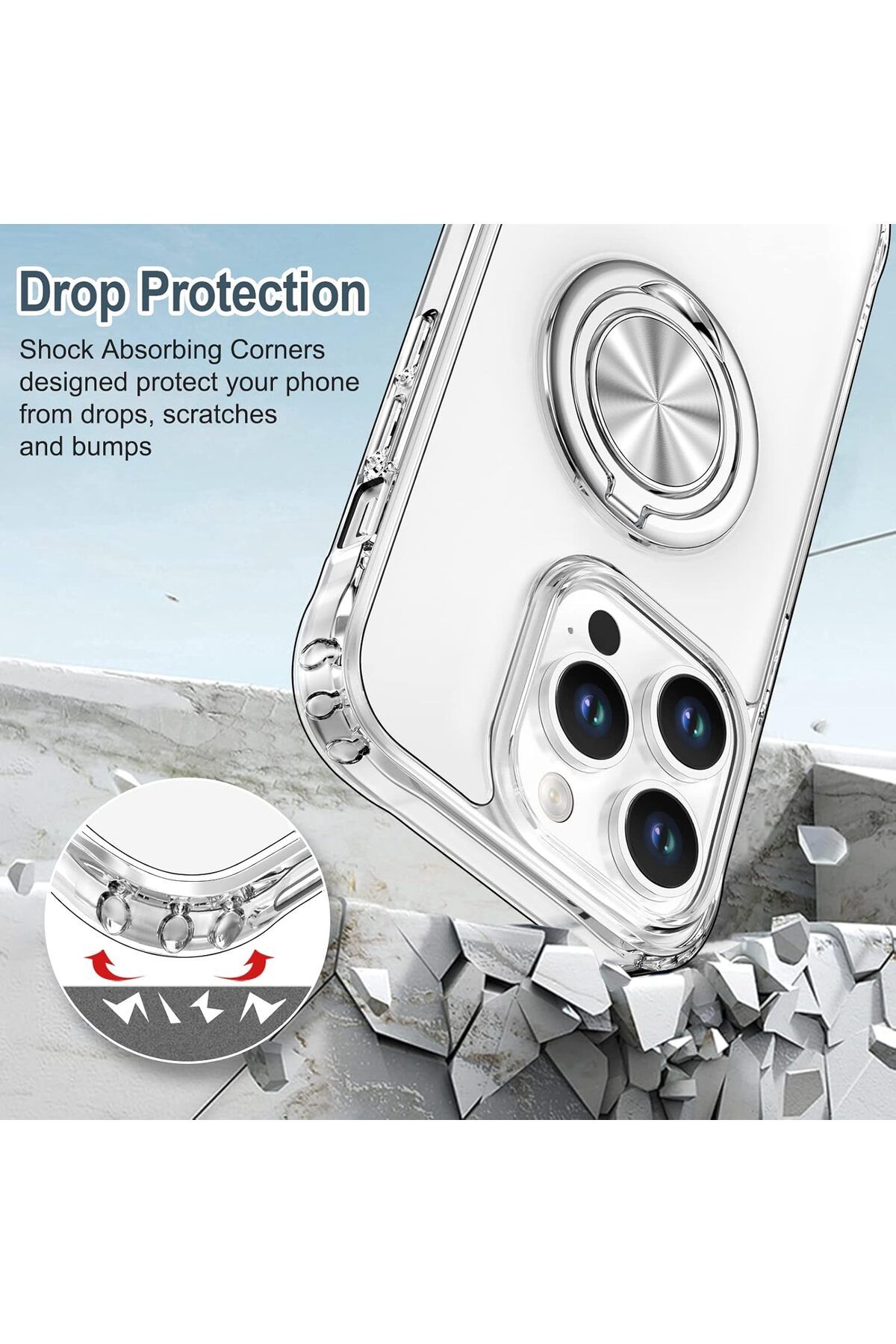 AWH-جراب iPhone 14 Pro Max مع حامل حلقي يدور 360 درجة، وحامل مغناطيسي، ودعم للتثبيت، شفاف 5