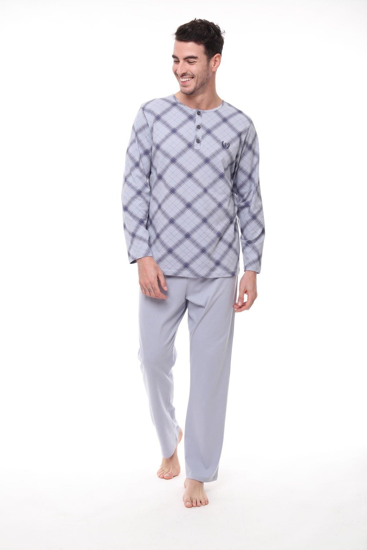 Pijadore-1407 Costum de pijama cu mânecă lungă pentru bărbați, cu nasturi, în carouri 1