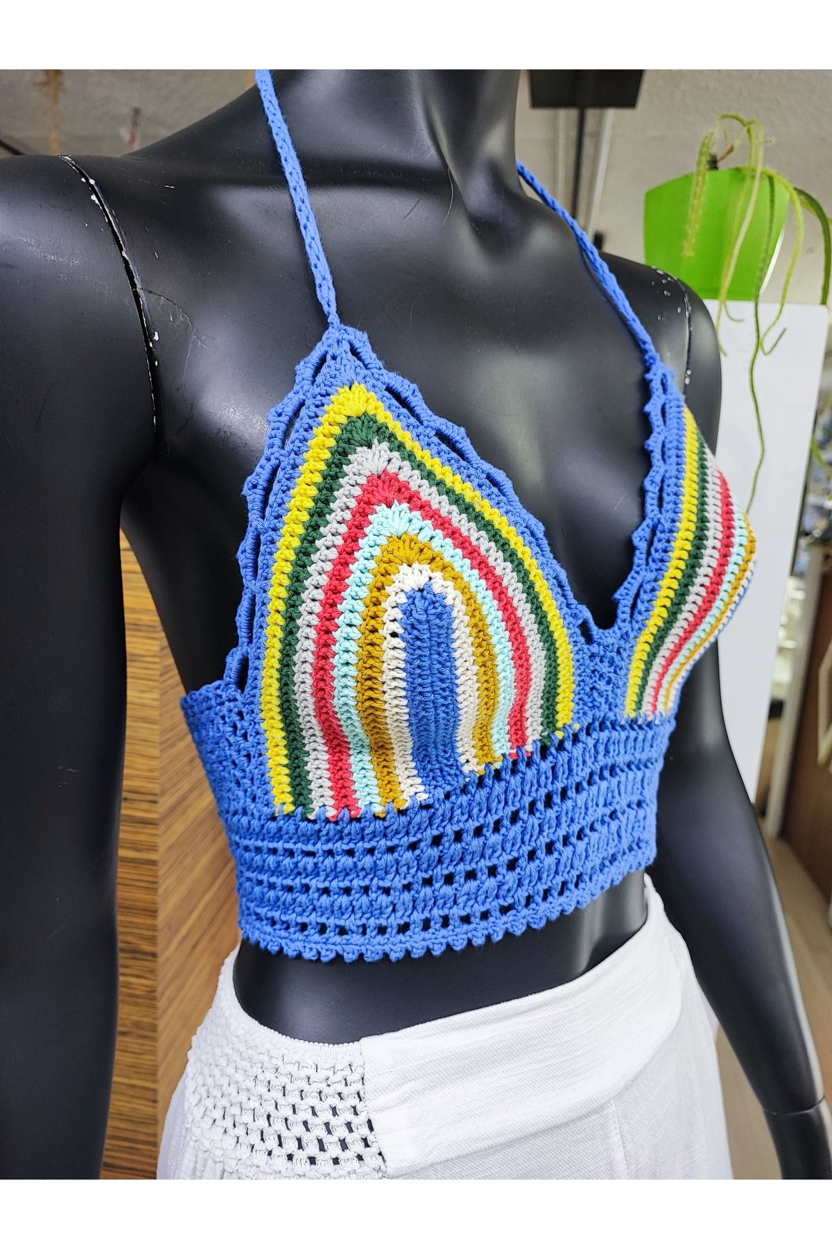 Sosyete Kaplumbağa-Cotton-Threaded Halter Neck and Waist - Crochet Knit Crop Bustier 1