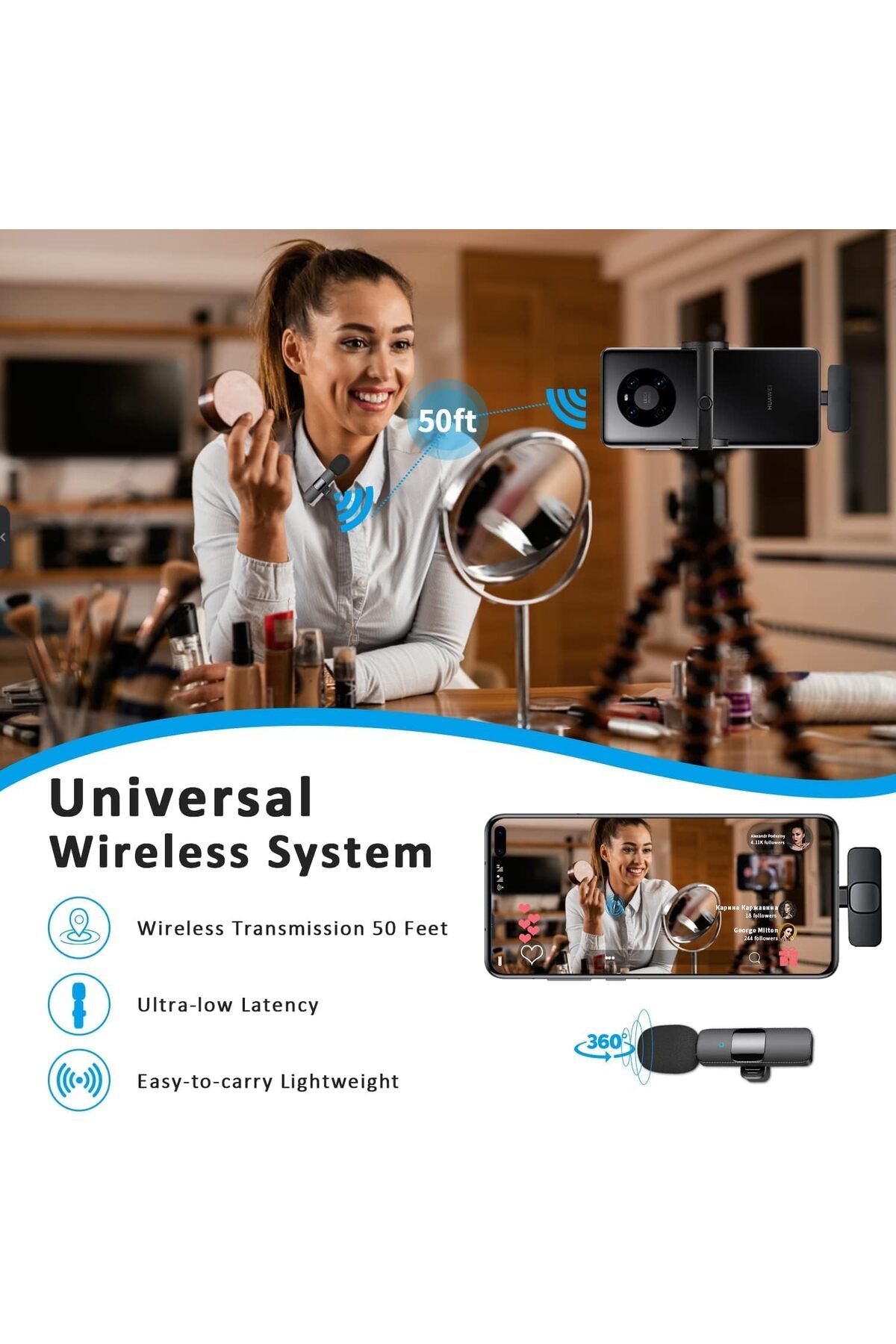 AWH-ميكروفون لافاليير لاسلكي لأجهزة أندرويد، USB-C، ميكروفون متعدد الاتجاهات للبودكاست، Vlog، أسود 3