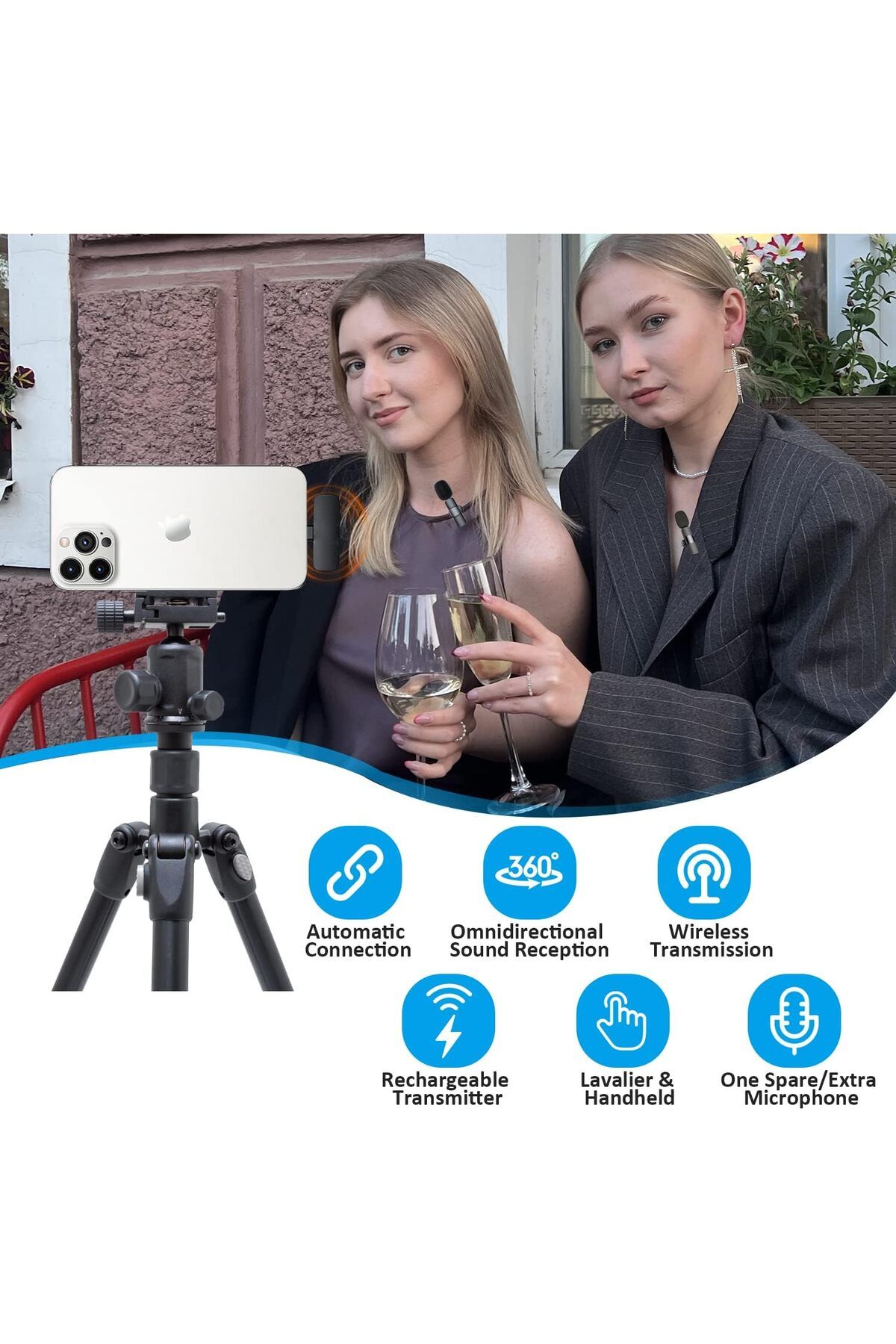 AWH-Wireless Lavalier Mic for iPhone/iPad, Bluetooth Omnidirectional Mic for Podcast, Vlog, Black 2