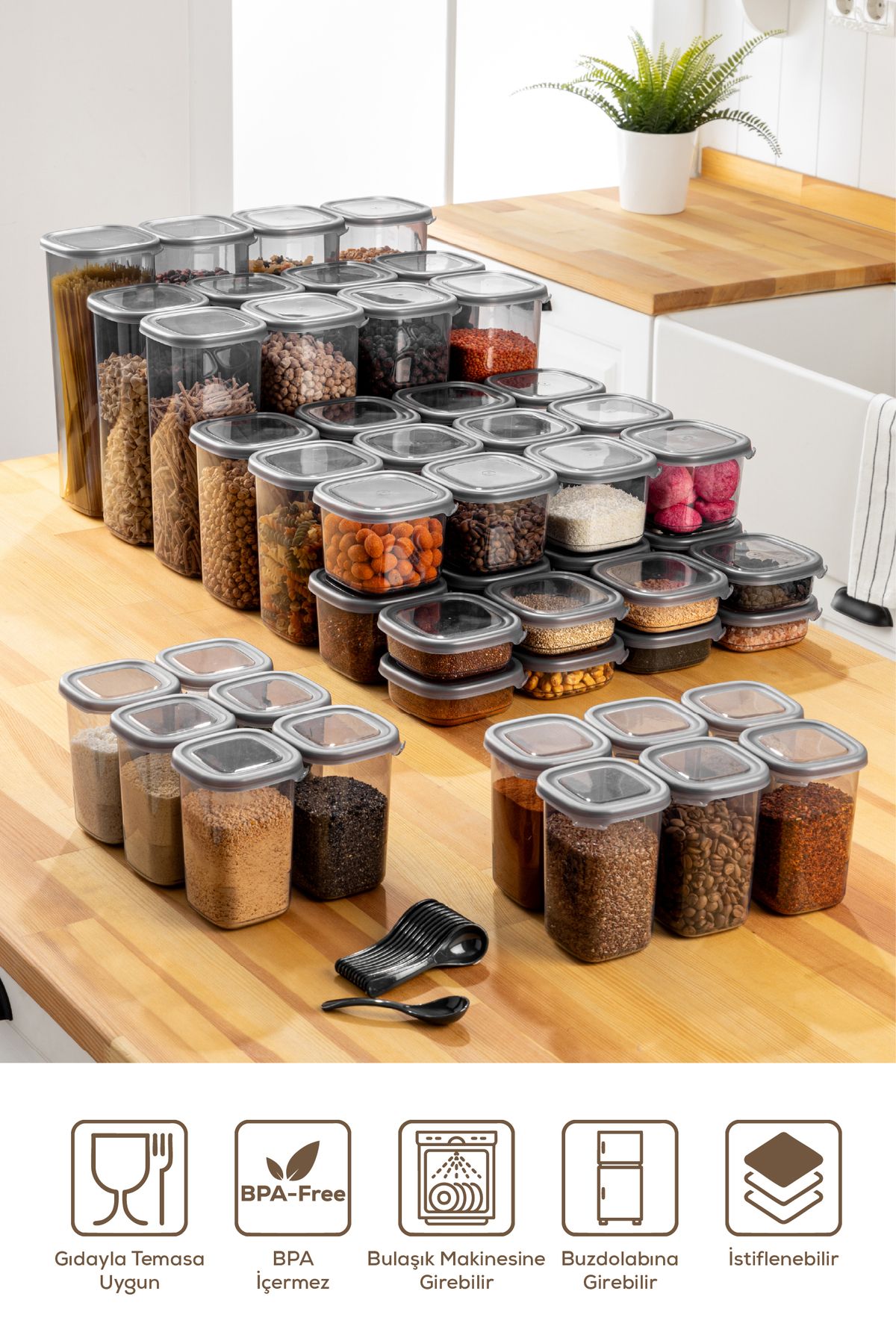Vienev-42-Piece Anthracite Airtight Food and Spice Storage Container - Label with Spoon and Swivel Lid 6