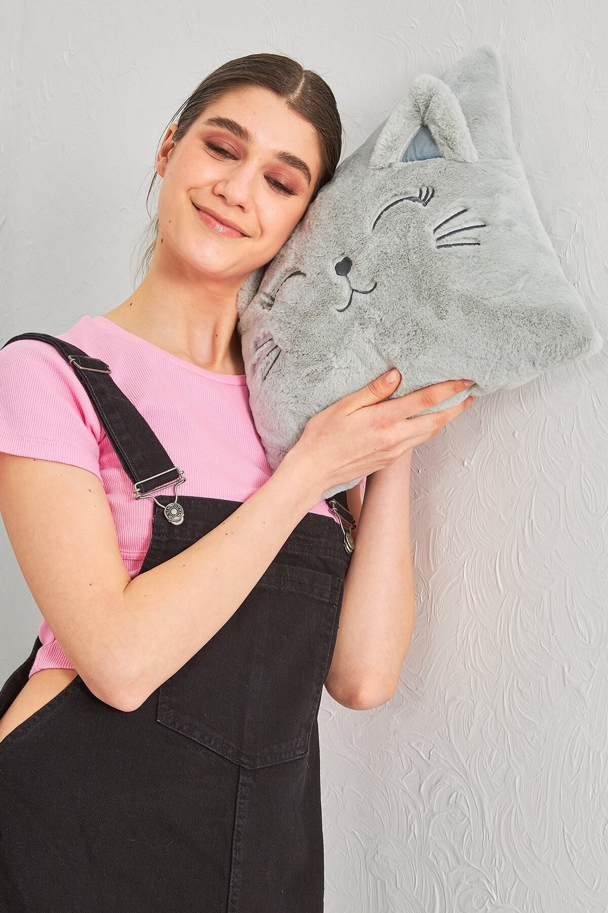 Ecrou-Perna Decorativa Pisica De Pluș Gri 35 Cm X 35 Cm 7