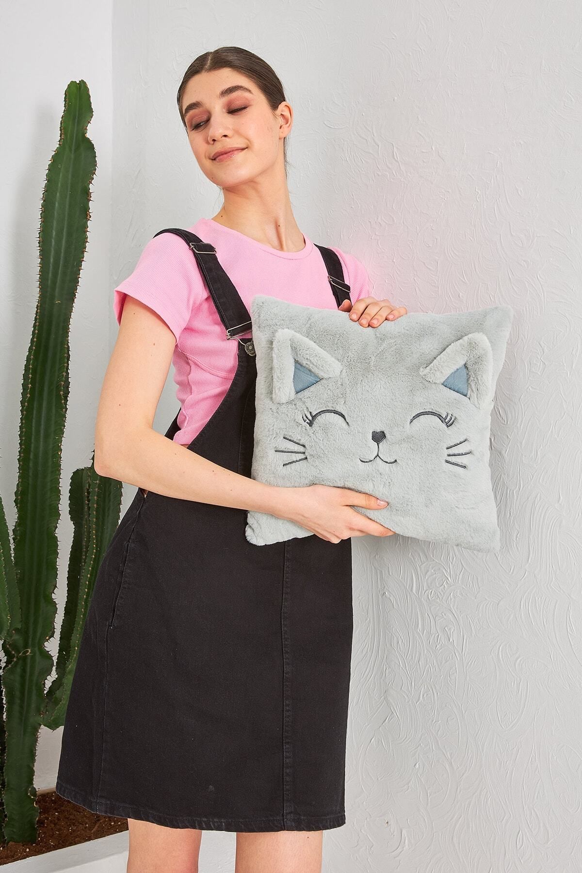 Ecrou-Perna Decorativa Pisica De Pluș Gri 35 Cm X 35 Cm 6