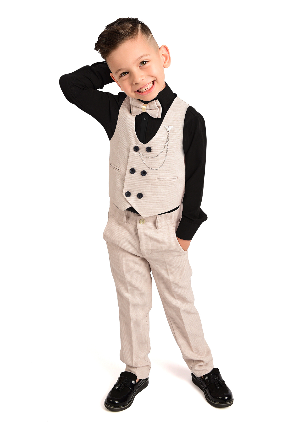 Boys Tuxedo Black Shirt Suit Vest Bow Tie