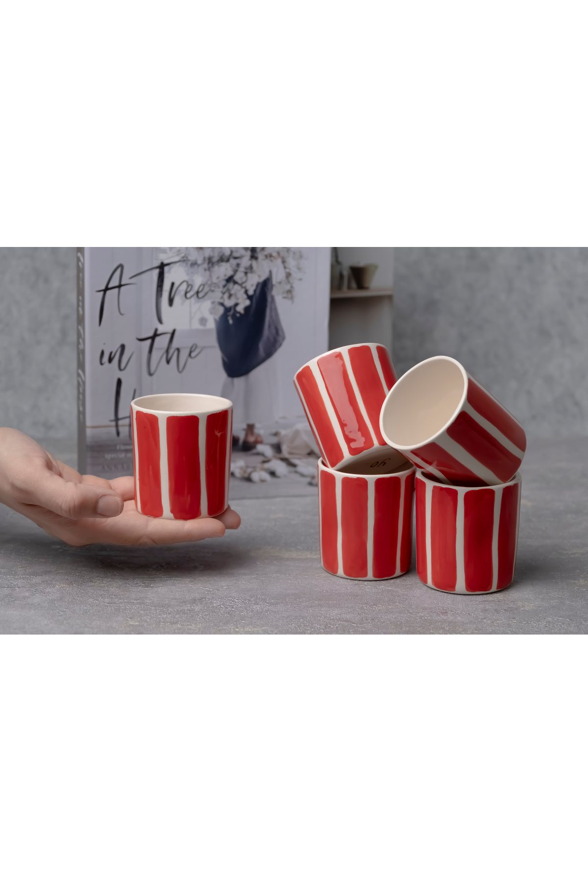 Melouro-Red Striped Handmade Ceramic Cup with Handle, Mug 4