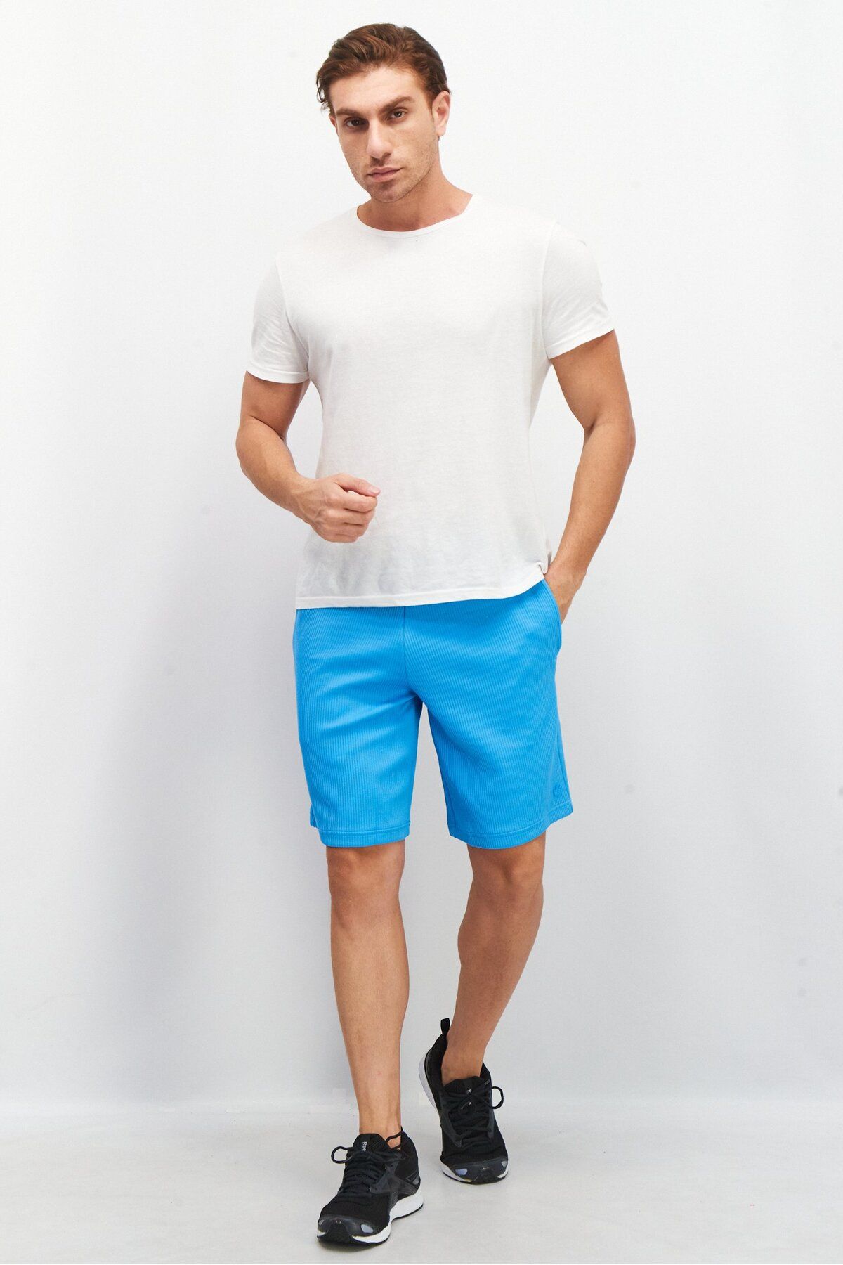 adidas-Men Sportswear Fit Drawstring Ribbed Training Shorts, Blue 2