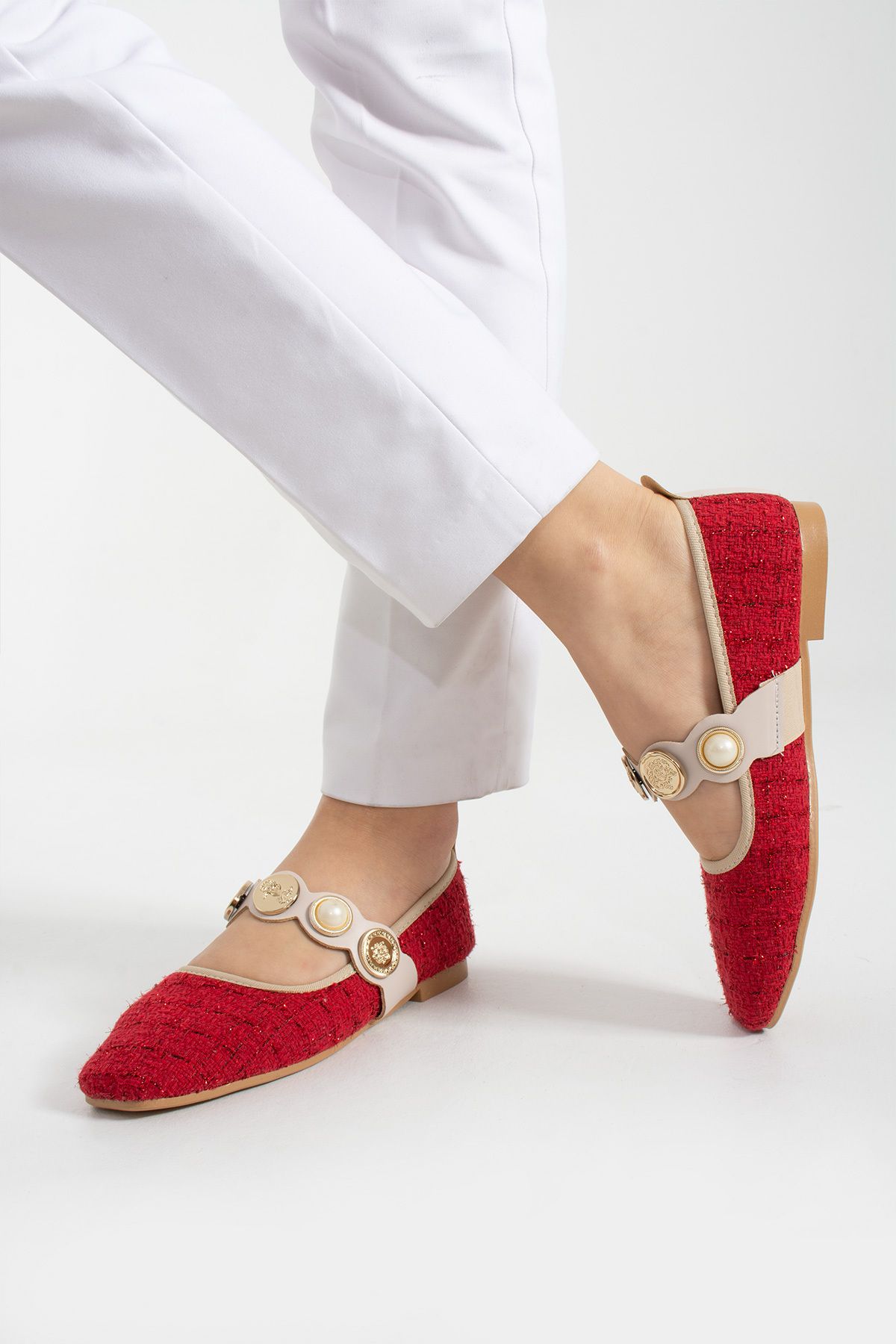 Parparastil-Tweed Pearl Detail Closed Back Low Heel Mary Jane Casual Red Women's Ballerinas 3