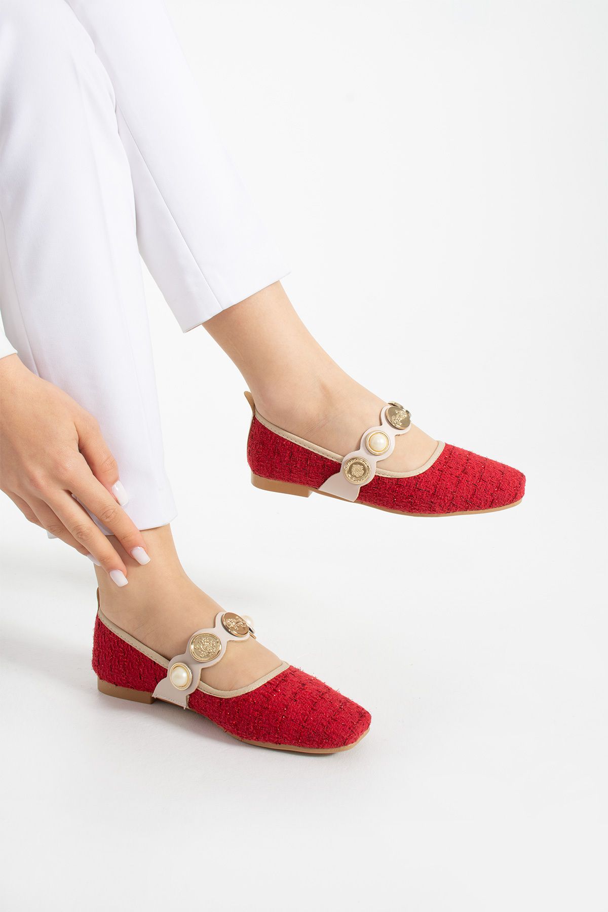 Parparastil-Tweed Pearl Detail Closed Back Low Heel Mary Jane Casual Red Women's Ballerinas 1