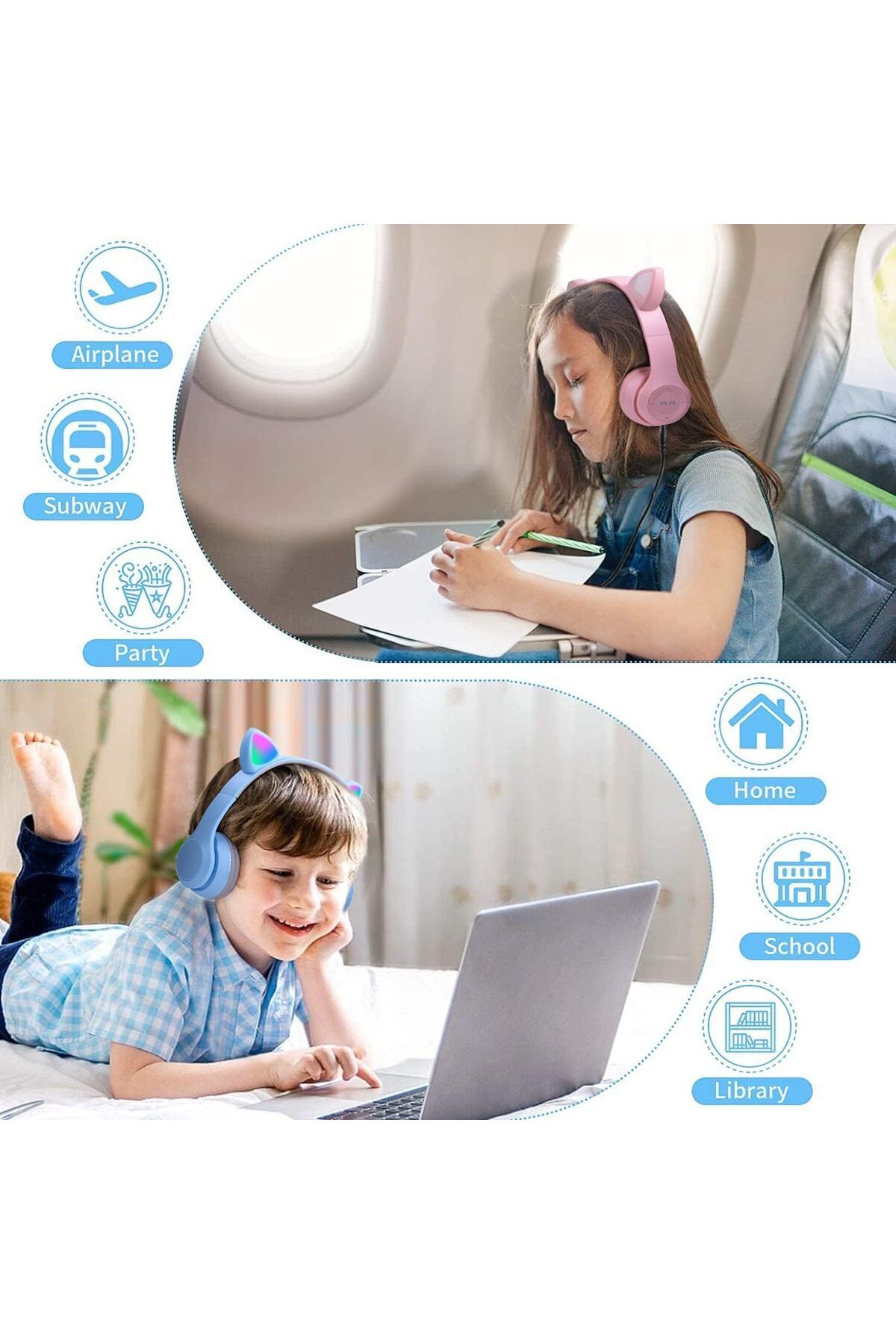 AWH-Kids Wireless Headphones, Bluetooth Over Ear with Microphone, Cat Ear LED Light, Pink 6