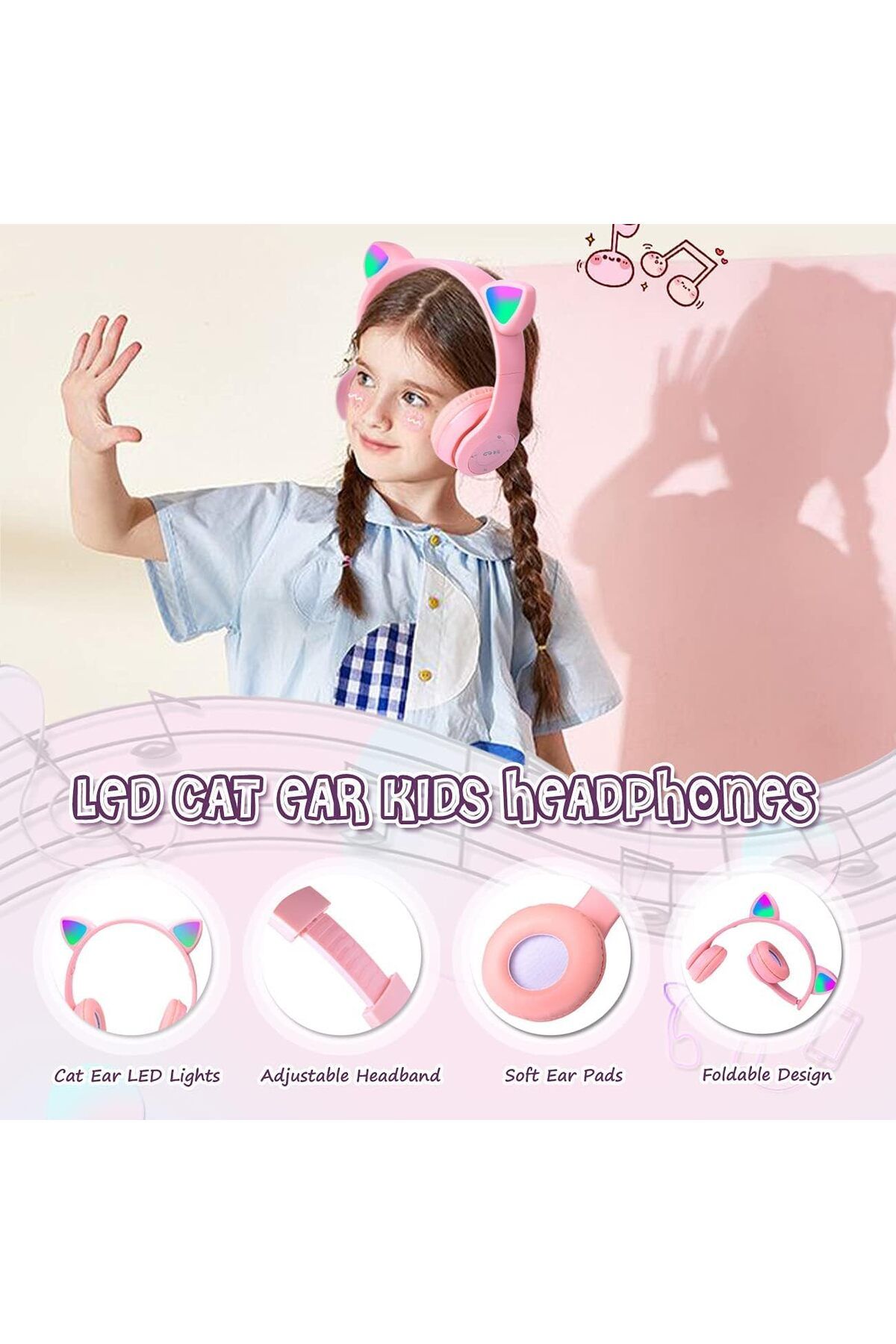 AWH-Kids Wireless Headphones, Bluetooth Over Ear with Microphone, Cat Ear LED Light, Pink 4