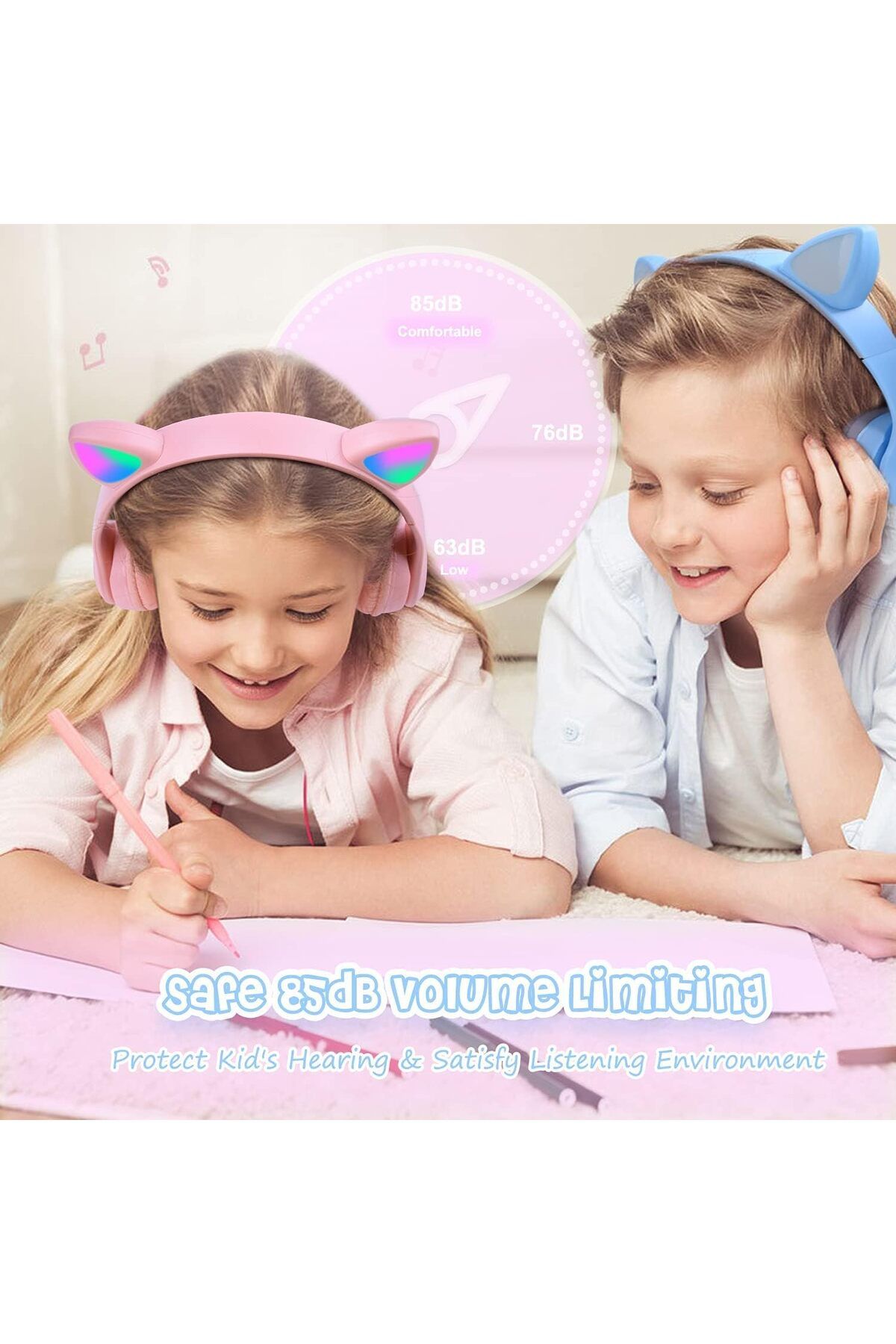 AWH-Kids Wireless Headphones, Bluetooth Over Ear with Microphone, Cat Ear LED Light, Pink 7