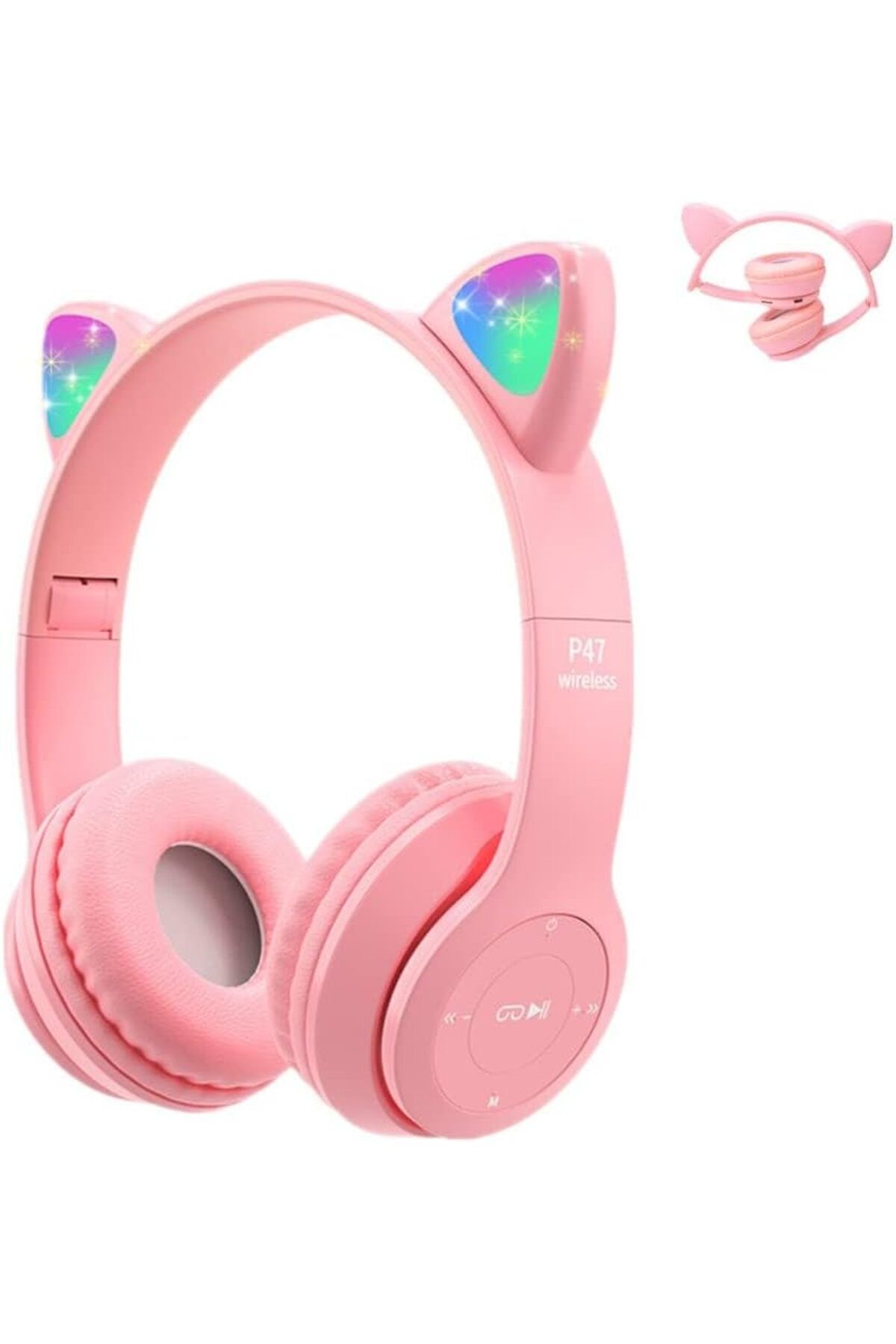 AWH-Kids Wireless Headphones, Bluetooth Over Ear with Microphone, Cat Ear LED Light, Pink 1