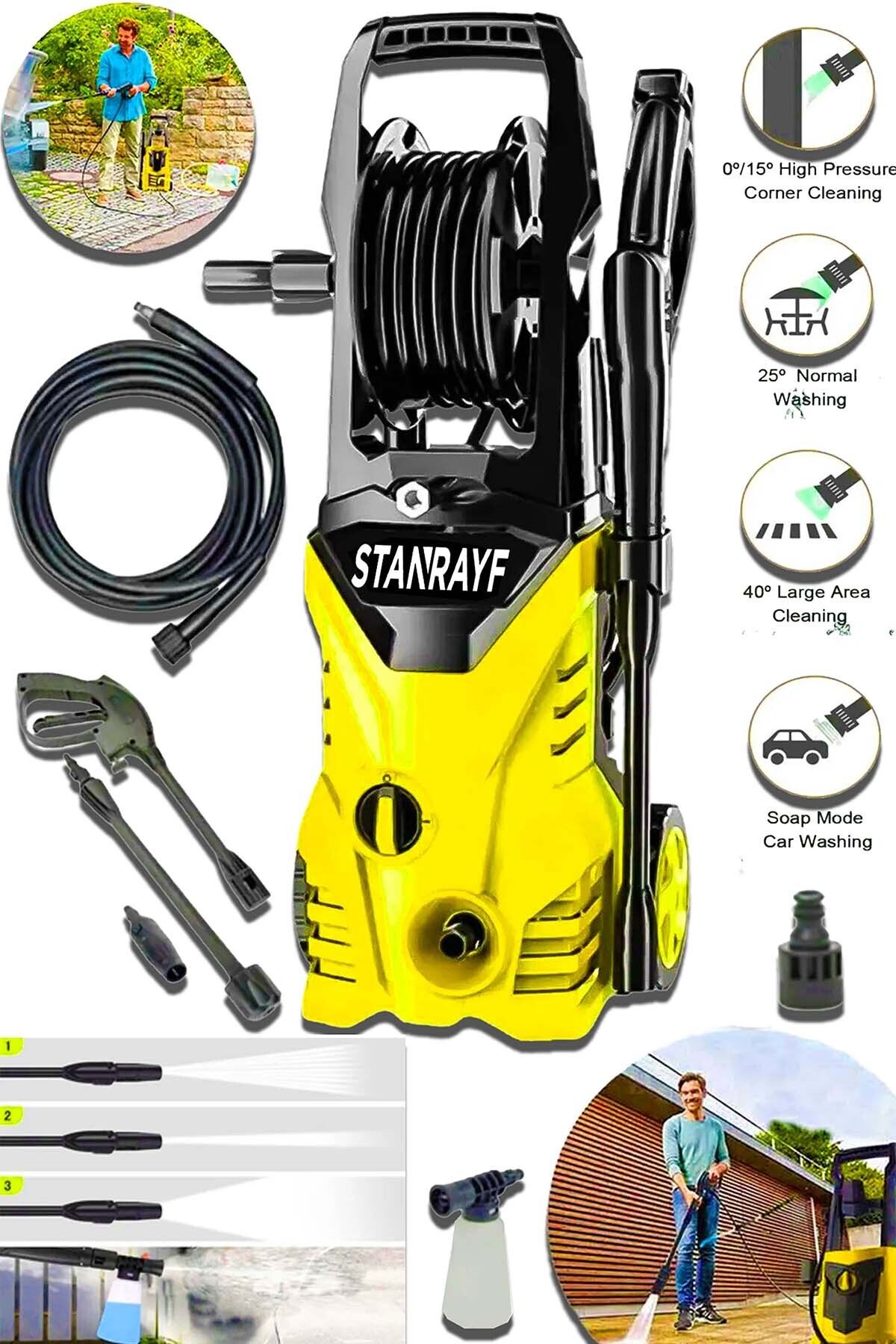 stanrayf Alman E-Tech 3000 W 200 Bar Max Bakır Sargı Yüksek Basınçlı Bahçe Oto Havuz Araç Yıkama Makinesi