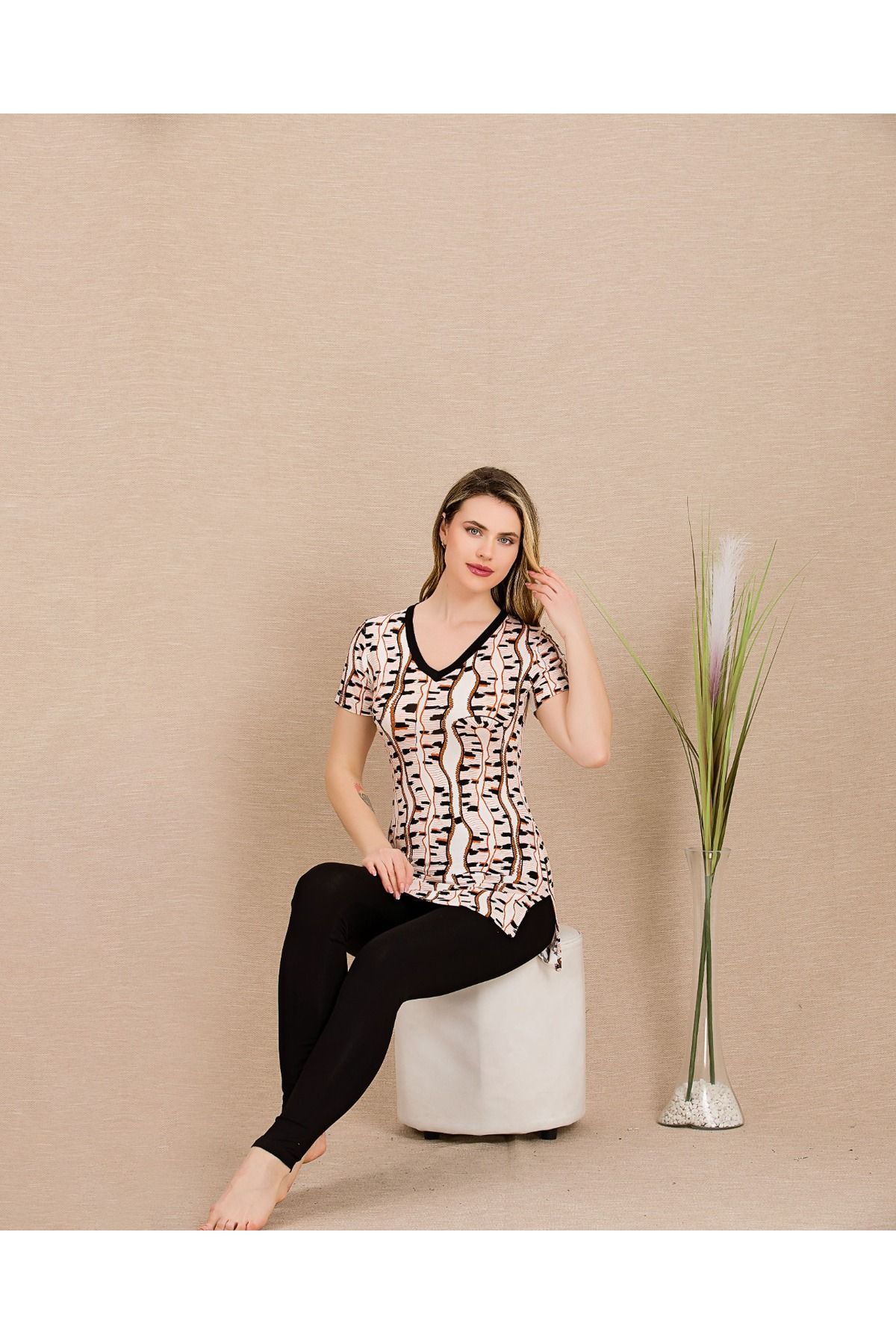 Lady Lingerie Set Pijama De Damă Cu Decolteu În V, Mâneci Scurte Și Colanți Femeie - M