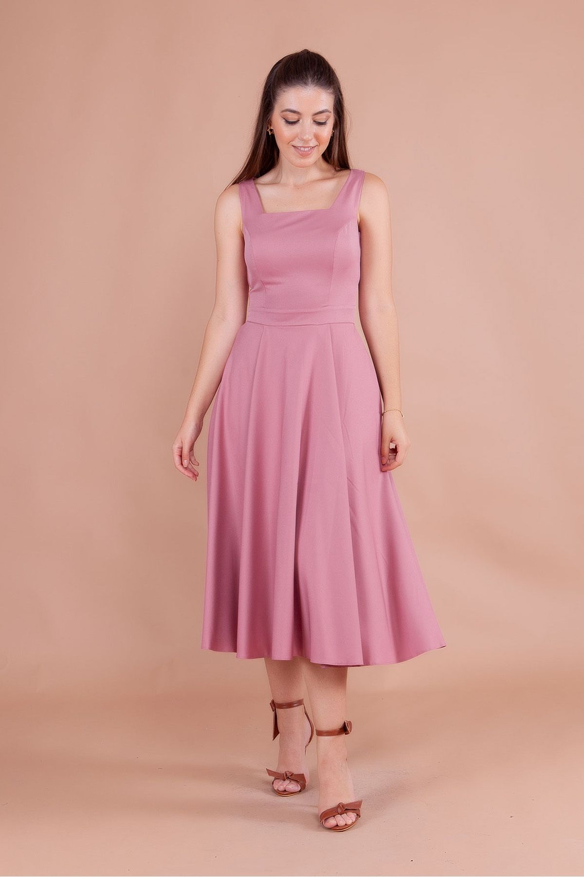 RURIS-Women's Dusty Rose Square Neck Sleeveless Midi Length Evening Dress Graduation Dress 3