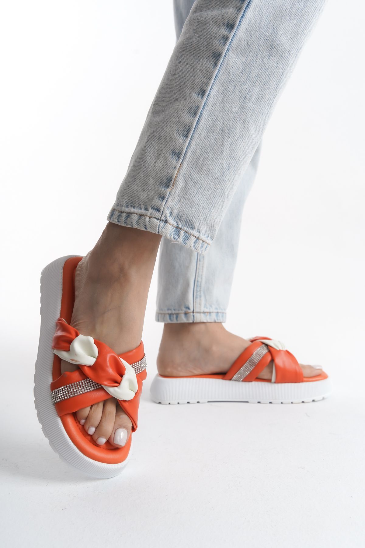 Weynes-Orange and White High-Top Comfortable Women's Slippers - Knot Detail Wsb2008 1