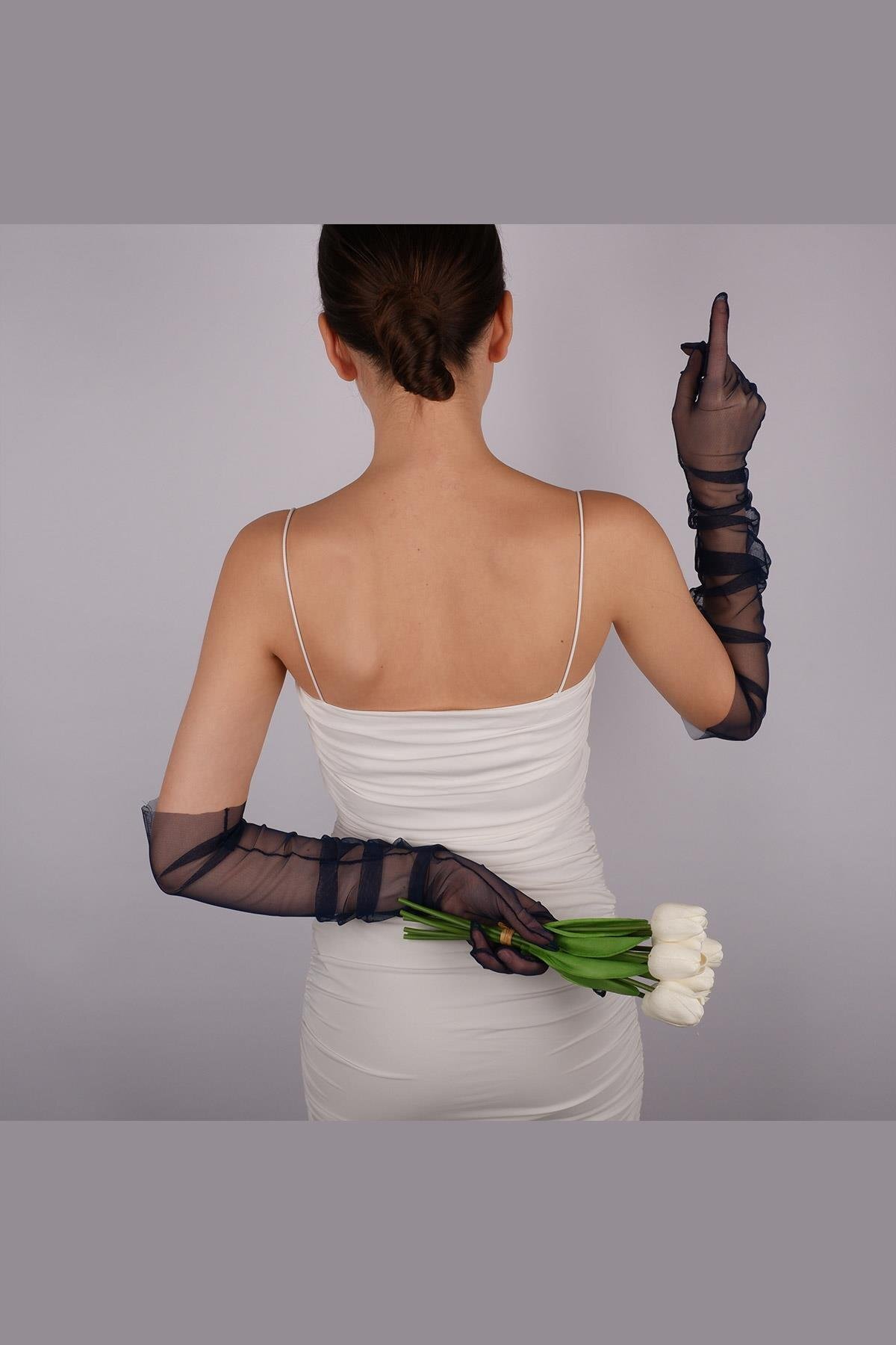 Limelia Lacivert Uzun Şık Gelin Eldiveni Tül Eldiven Nikah/düğün Eldiveni görsel 4