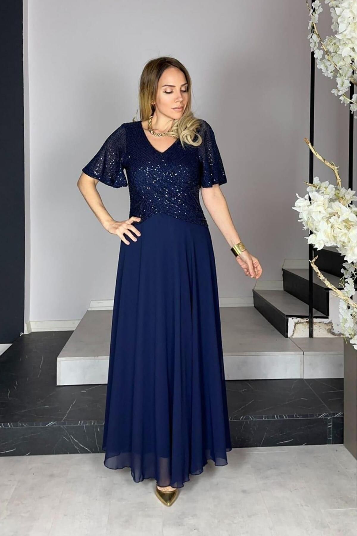 gesmoda-G1290 Sequin Detailed Chiffon Evening Dress Navy Blue 1