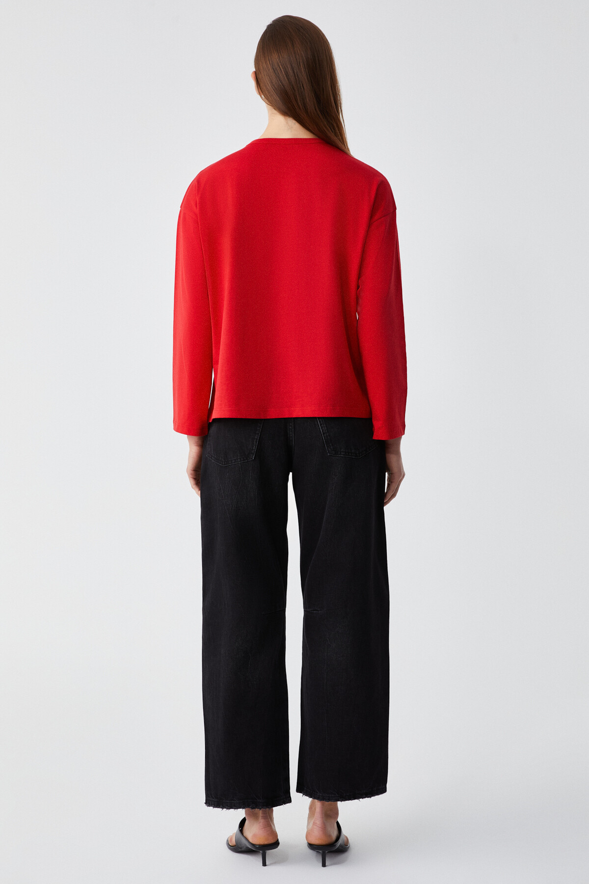 GRIMELANGE  Basıl Kadın %100 Organik Pamuk Bisiklet Yaka Oversize Fit Uzun Kollu Kırmızı T-Shirt - Görsel 5