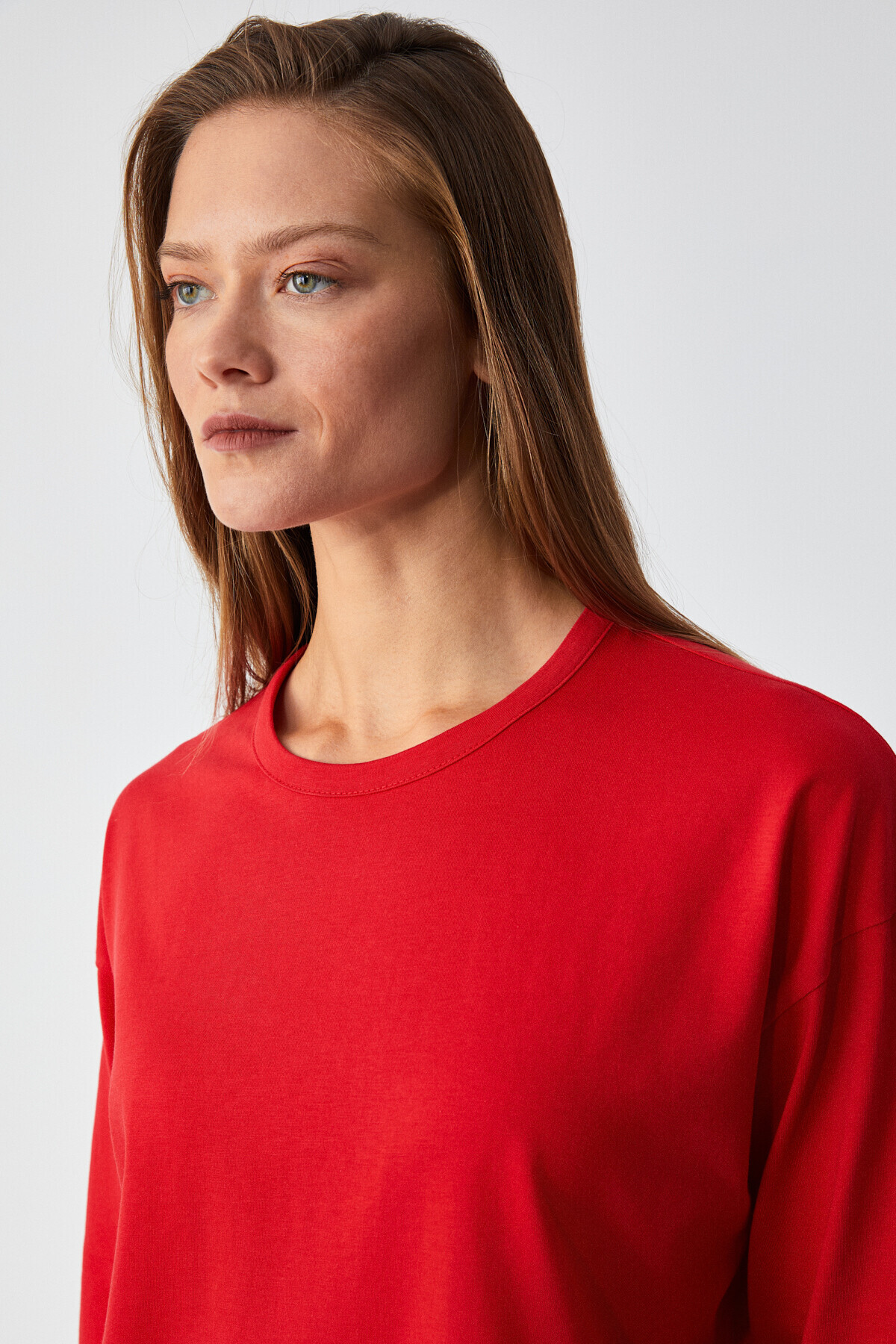 GRIMELANGE  Basıl Kadın %100 Organik Pamuk Bisiklet Yaka Oversize Fit Uzun Kollu Kırmızı T-Shirt - Görsel 4