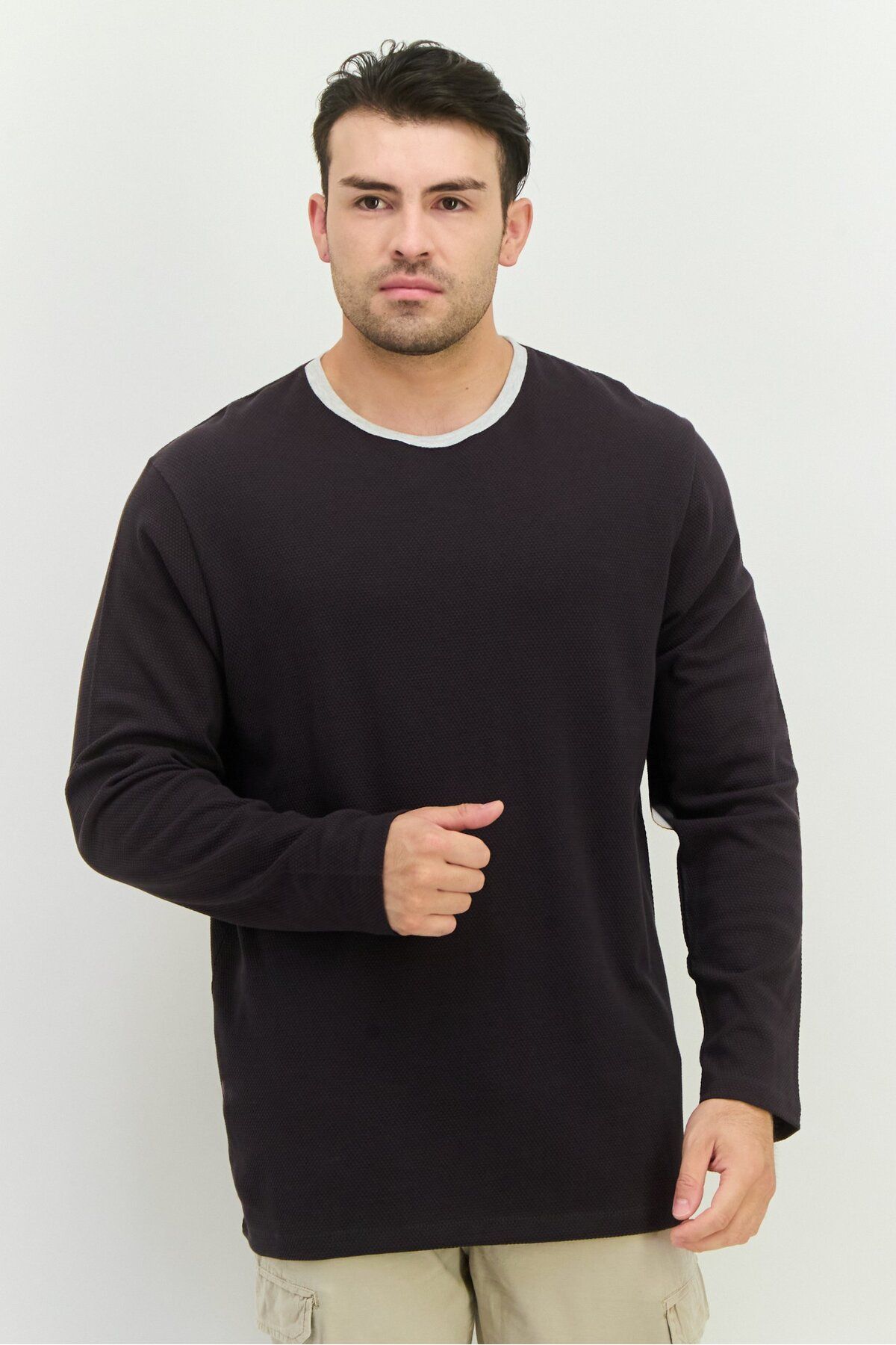 French Connection-Men Crew Neck Long Sleeve Textured T-Shirt, Charcoal Grey 1