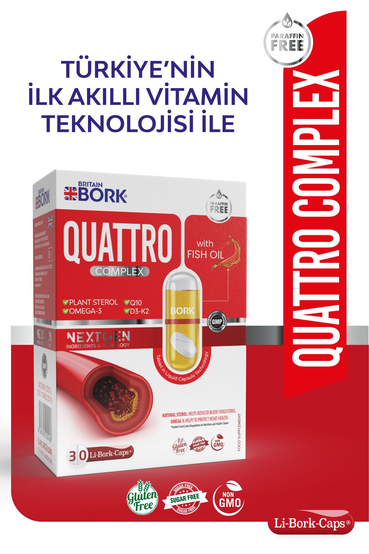 BRITAIN BORK QUATTRO 30 Parafinsiz Sızdırmaz Liborcaps Coq-10 Koenzim Q10 Omega 3 Balık Yağı D3-K2 Doğal Sterol