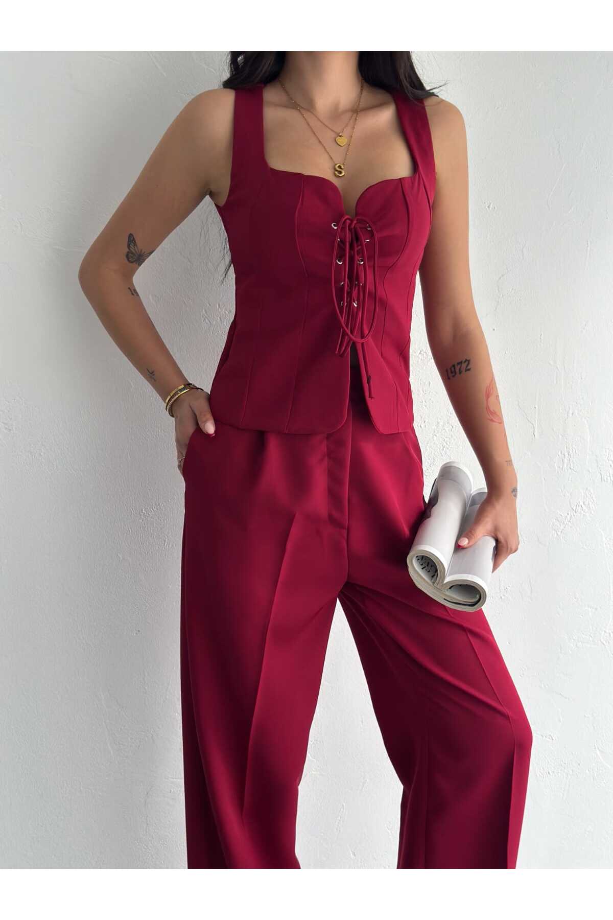 Ensemble Gilet Pantalon à Nouer Devant en Tissu Premium - Görsel 3