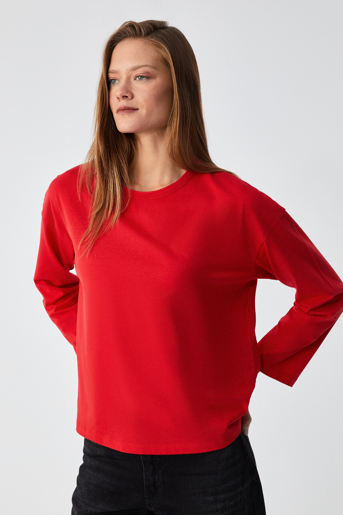 GRIMELANGE  Basıl Kadın %100 Organik Pamuk Bisiklet Yaka Oversize Fit Uzun Kollu Kırmızı T-Shirt - Görsel 3